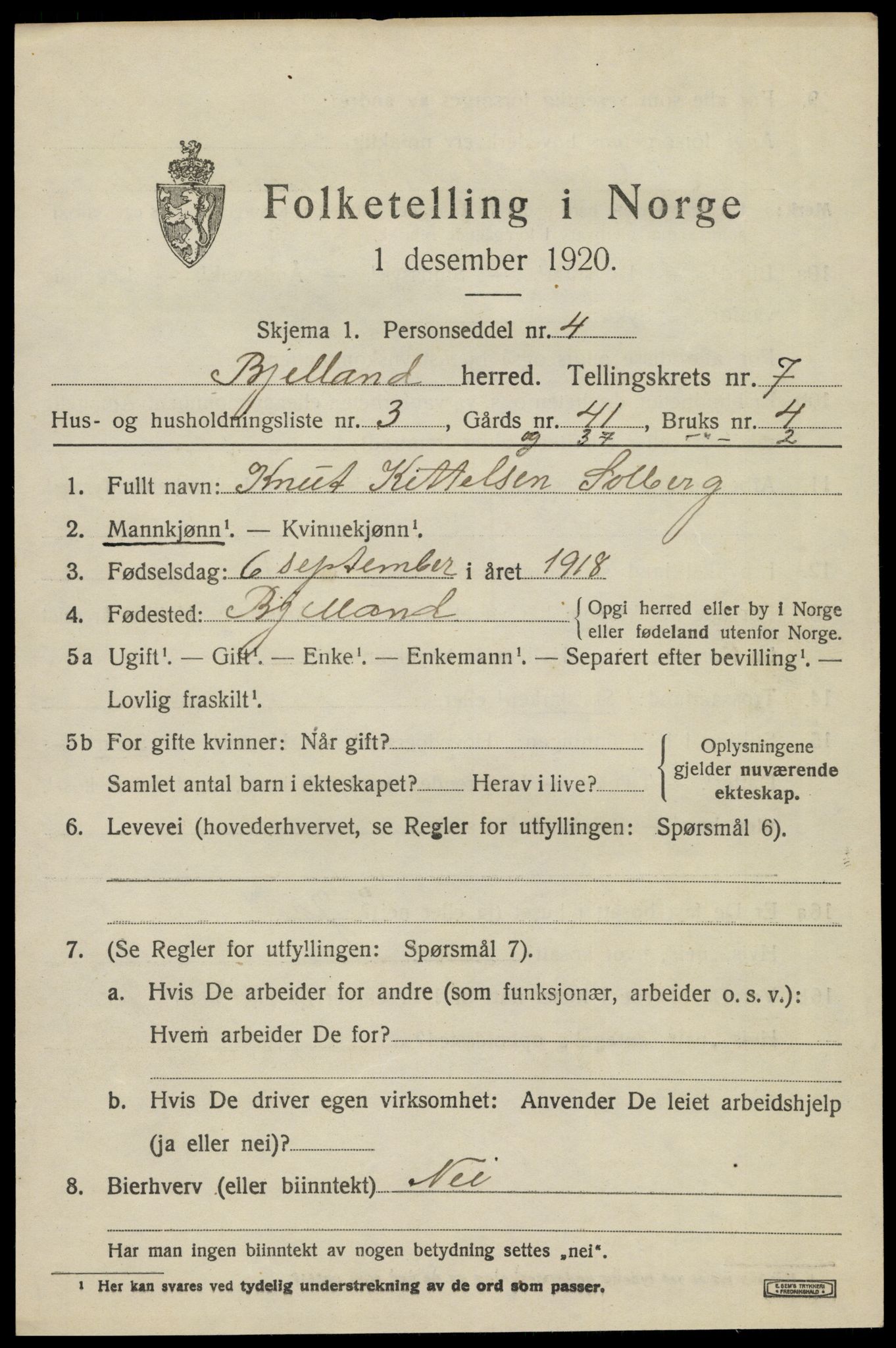 SAK, 1920 census for Bjelland, 1920, p. 2077