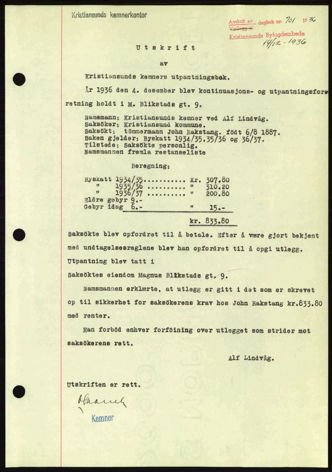 Kristiansund byfogd, AV/SAT-A-4587/A/27: Mortgage book no. 29, 1936-1937, Diary no: : 701/1936