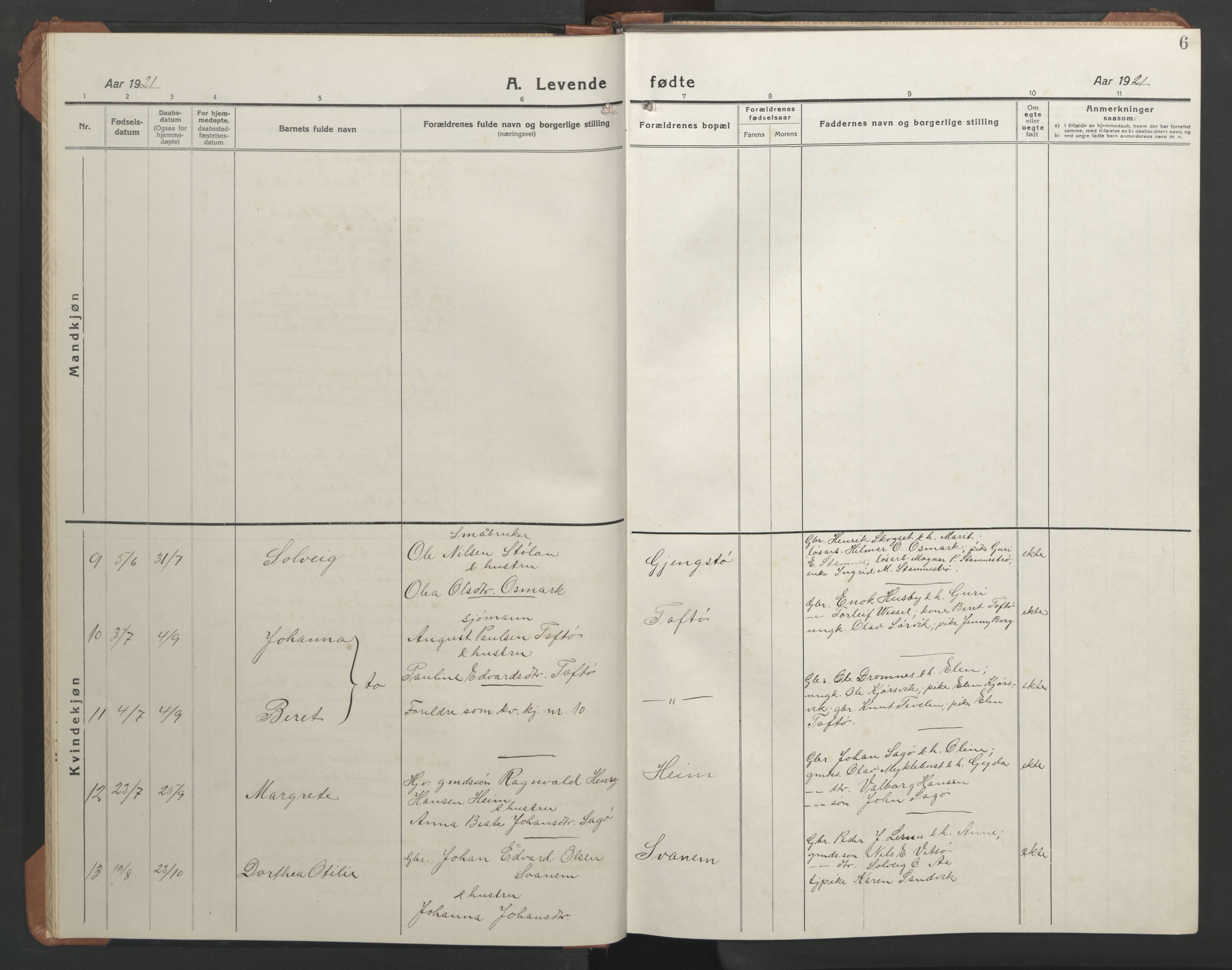 Ministerialprotokoller, klokkerbøker og fødselsregistre - Sør-Trøndelag, SAT/A-1456/633/L0521: Parish register (copy) no. 633C03, 1921-1946, p. 6