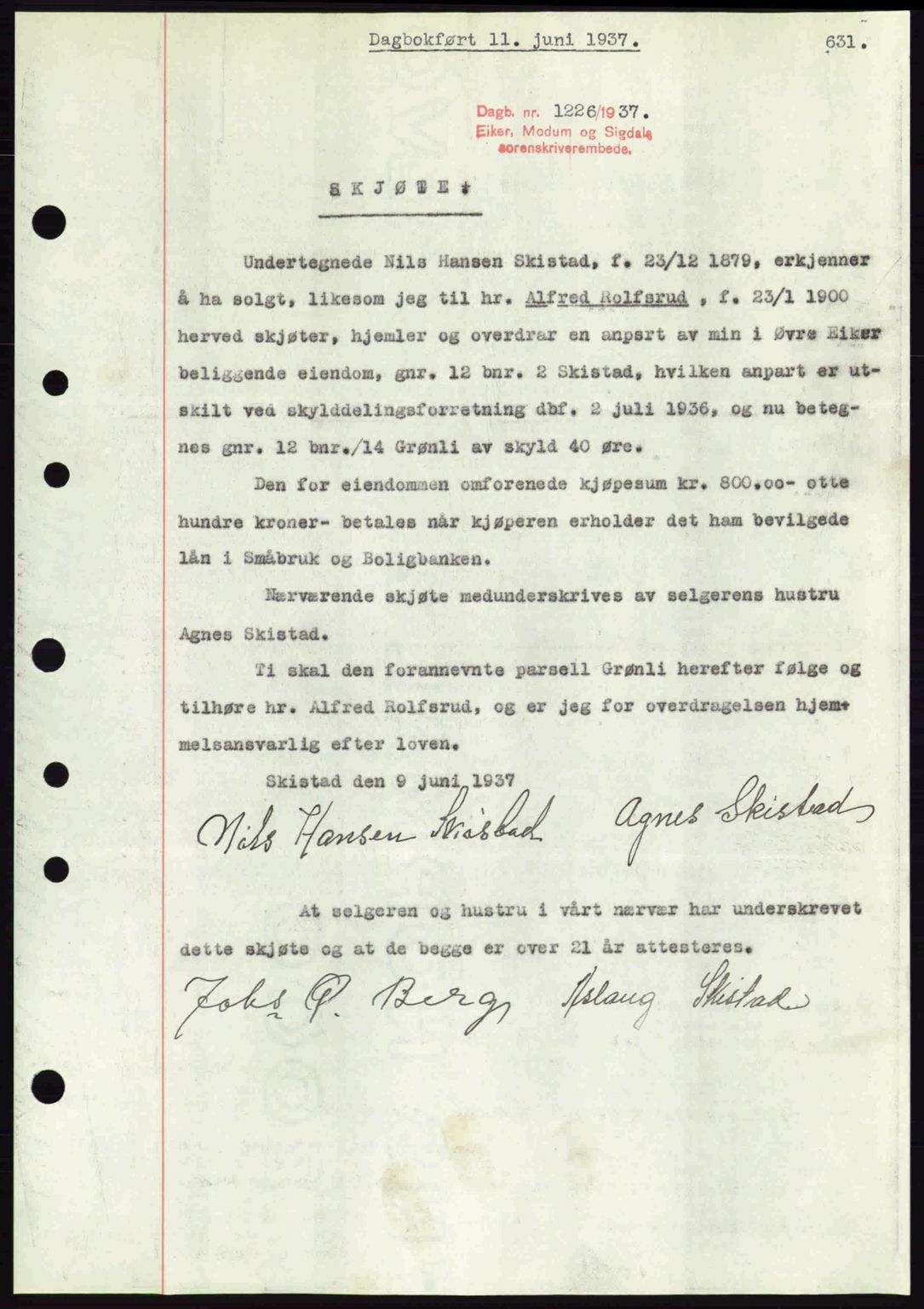 Eiker, Modum og Sigdal sorenskriveri, SAKO/A-123/G/Ga/Gab/L0035: Mortgage book no. A5, 1937-1937, Diary no: : 1226/1937