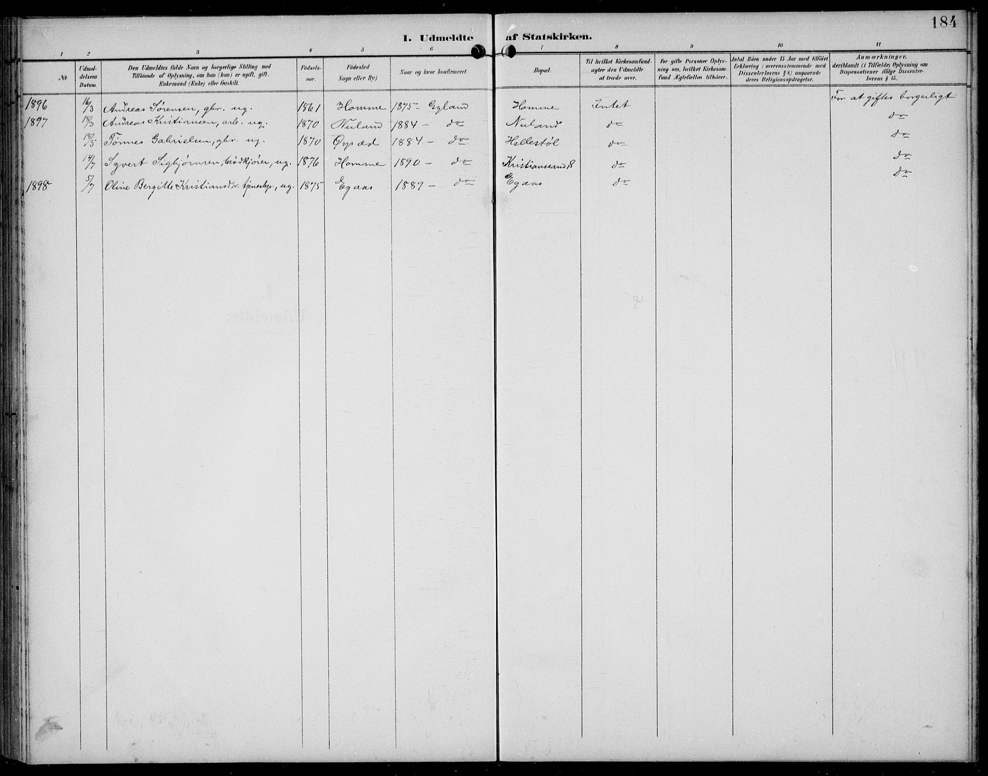 Bakke sokneprestkontor, SAK/1111-0002/F/Fb/Fbb/L0004: Parish register (copy) no. B 4, 1896-1927, p. 184