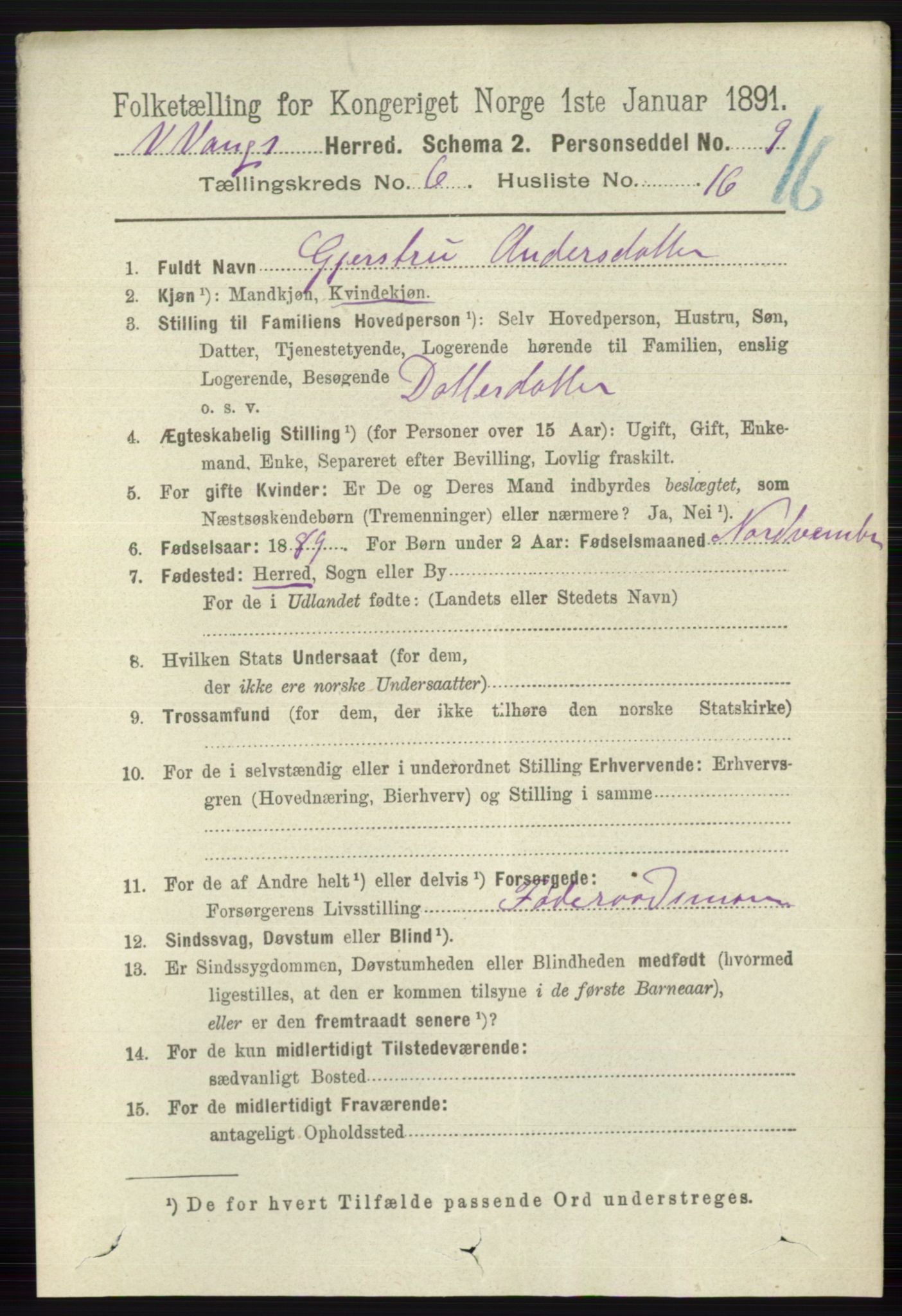 RA, 1891 census for 0545 Vang, 1891, p. 1356