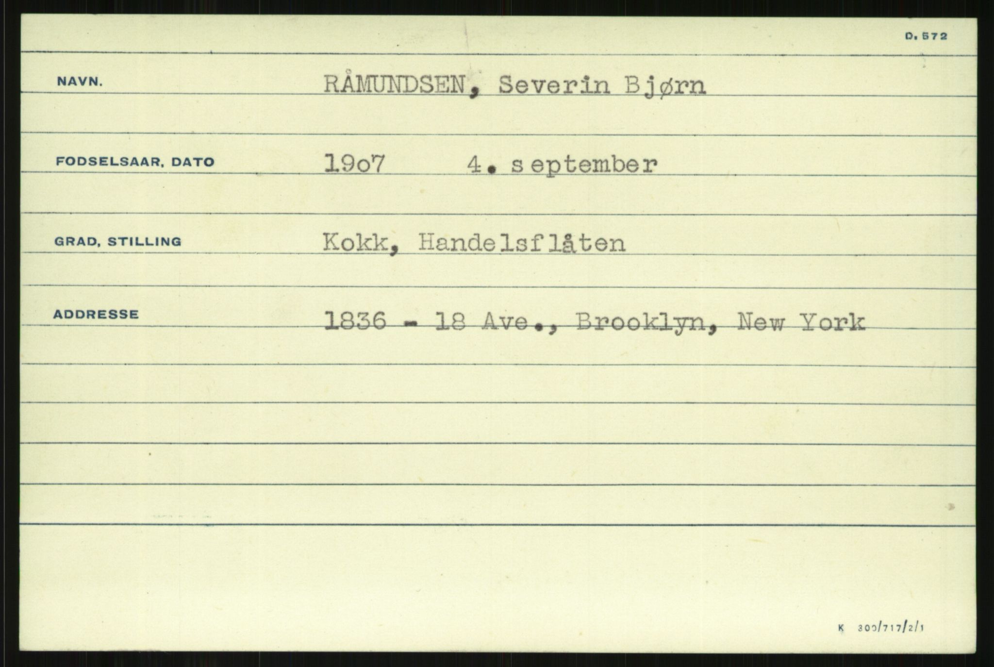 Direktoratet for sjømenn, AV/RA-S-3545/G/Gi/L0008: Kartotek over krigsdekorasjoner tildelt nordmenn under krigen, 1940-1945, p. 1329