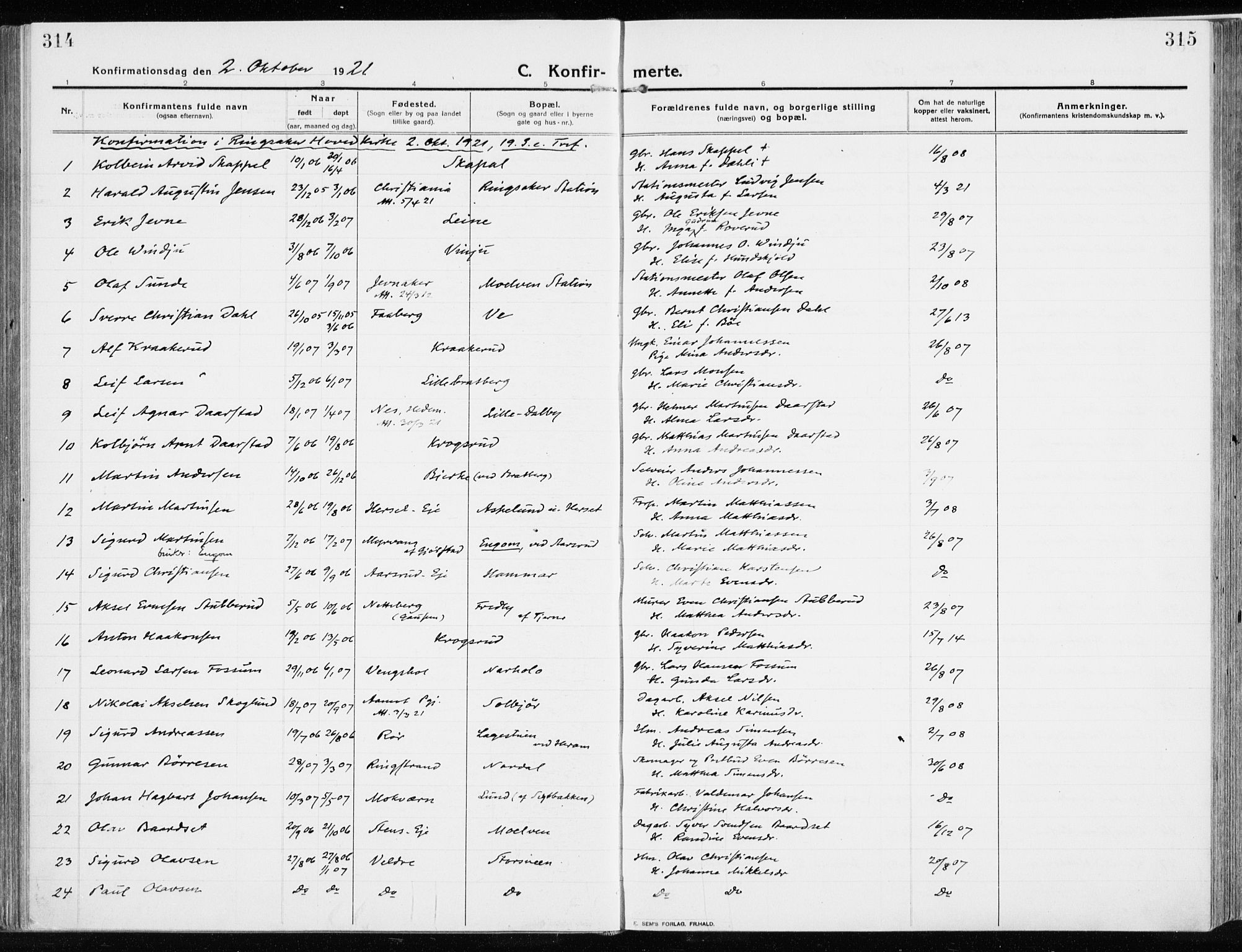 Ringsaker prestekontor, AV/SAH-PREST-014/K/Ka/L0020: Parish register (official) no. 20, 1913-1922, p. 314-315