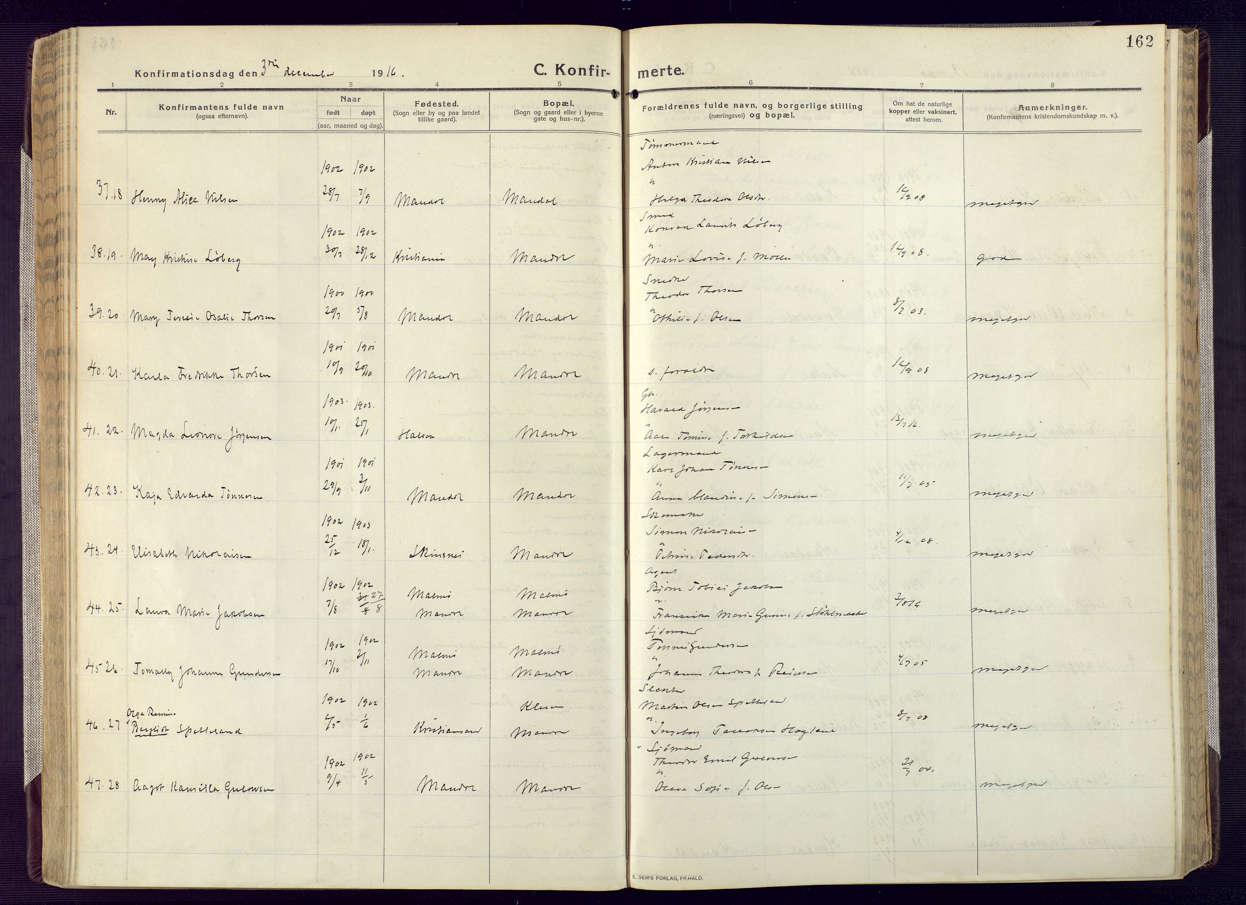 Mandal sokneprestkontor, AV/SAK-1111-0030/F/Fa/Fac/L0001: Parish register (official) no. A 1, 1913-1925, p. 162