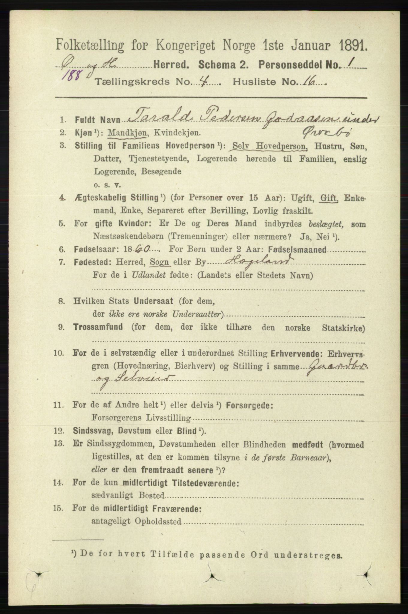 RA, 1891 census for 1016 Øvrebø og Hægeland, 1891, p. 805