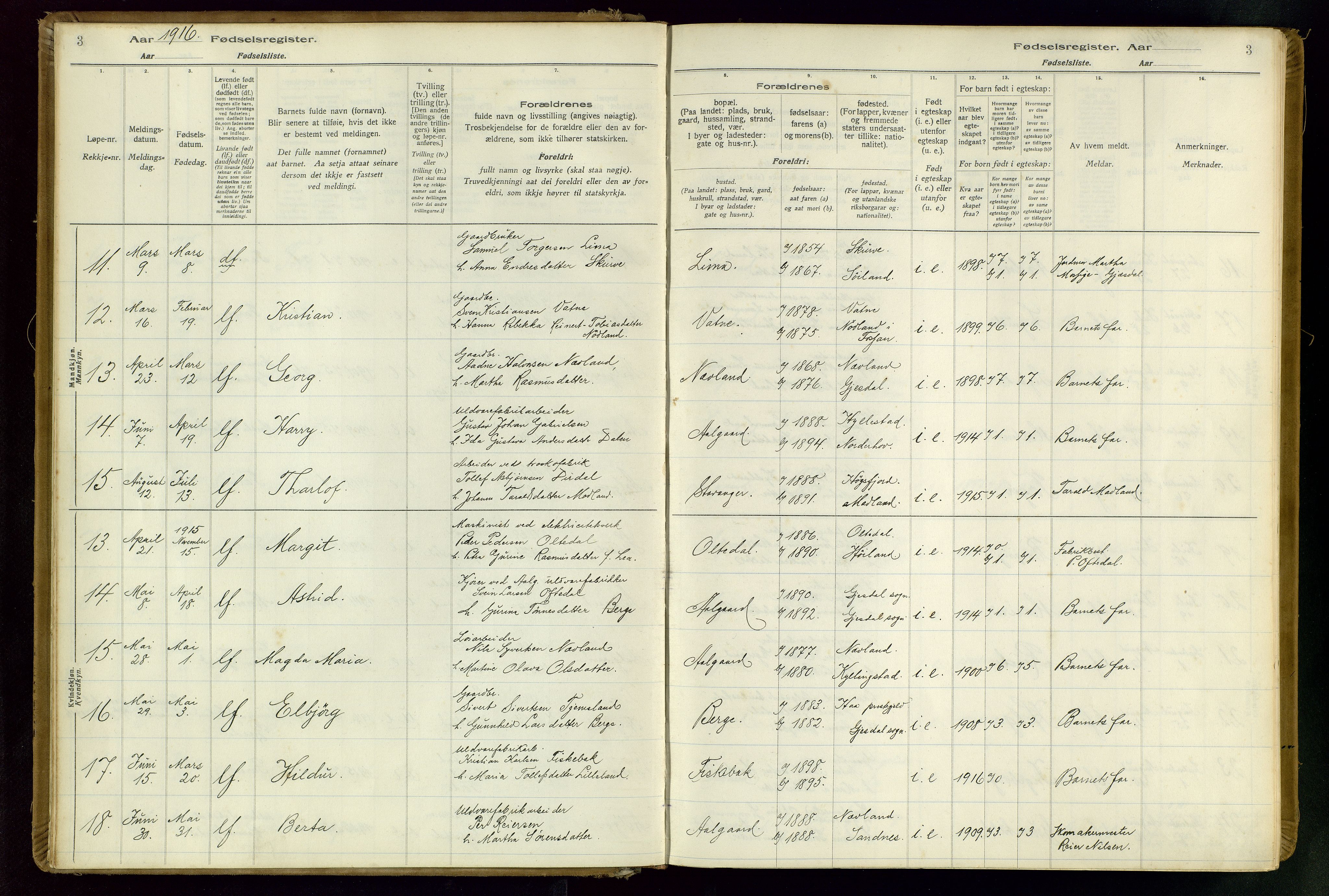 Gjesdal sokneprestkontor, SAST/A-101796/002/O/L0001: Birth register no. 1, 1916-1949, p. 3