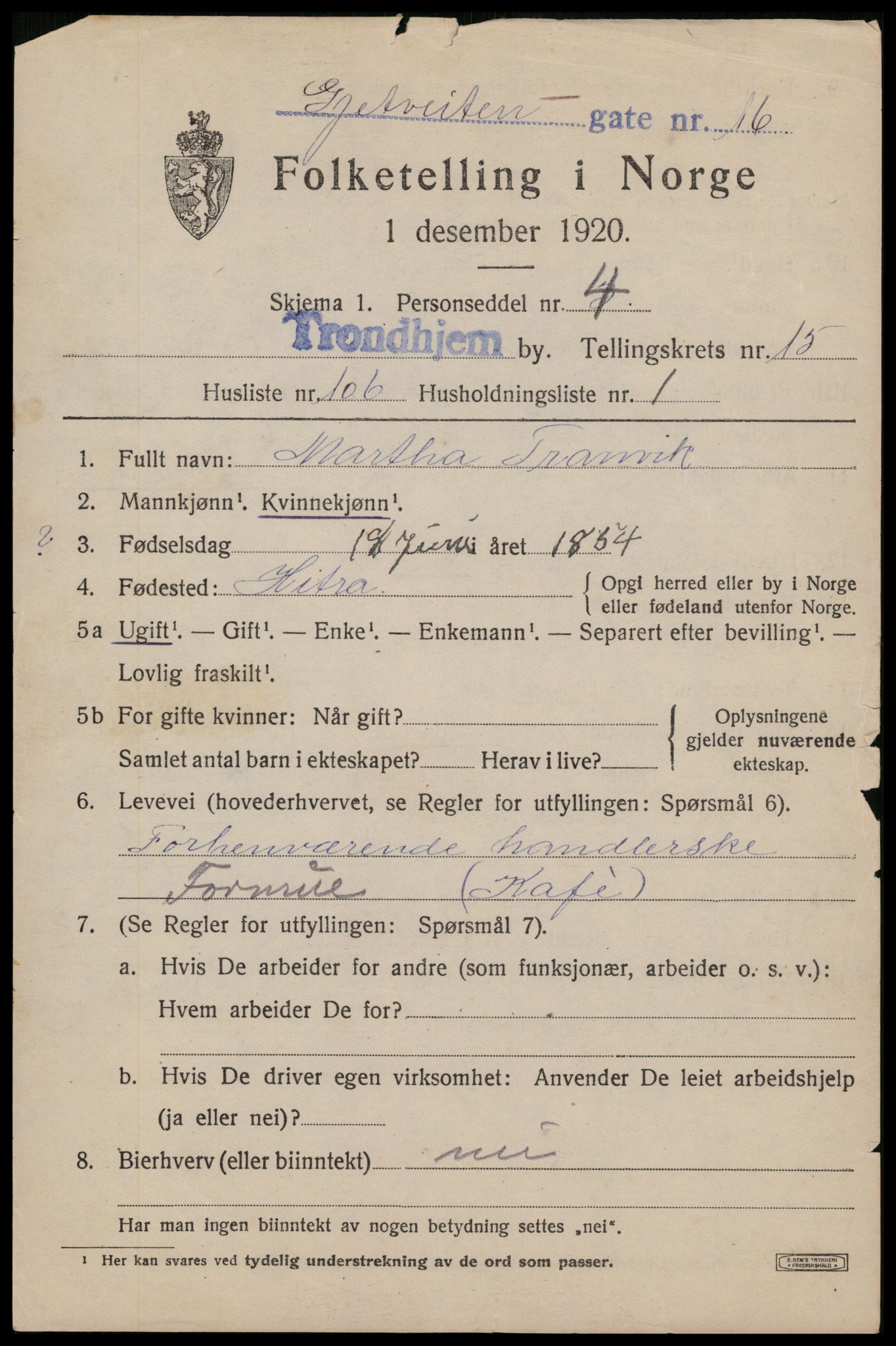SAT, 1920 census for Trondheim, 1920, p. 54088