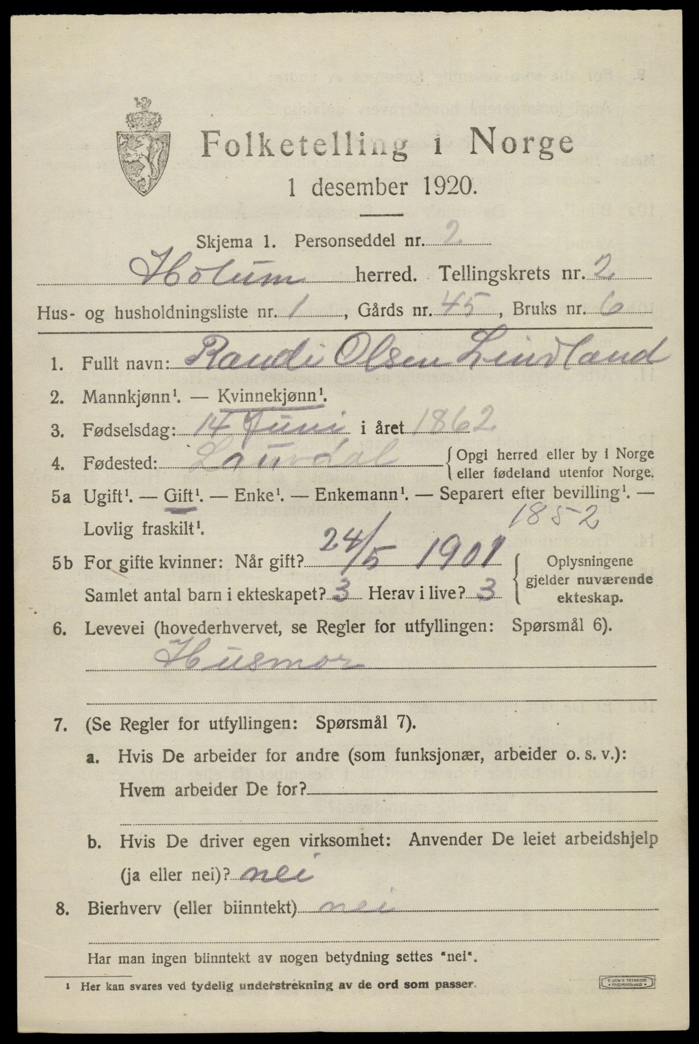 SAK, 1920 census for Holum, 1920, p. 1285