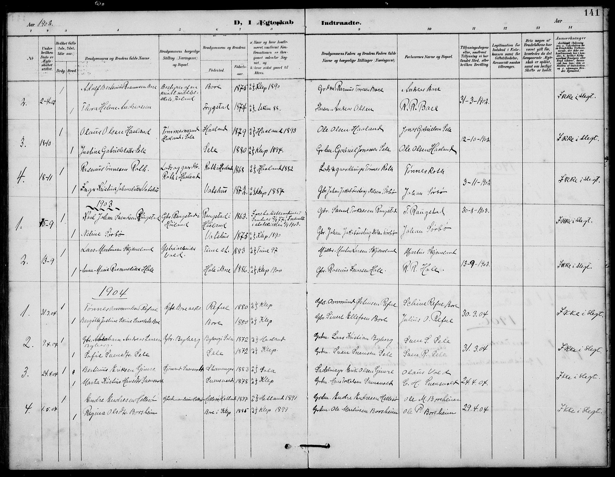 Klepp sokneprestkontor, SAST/A-101803/001/3/30BB/L0006: Parish register (copy) no. B 6, 1889-1936, p. 141