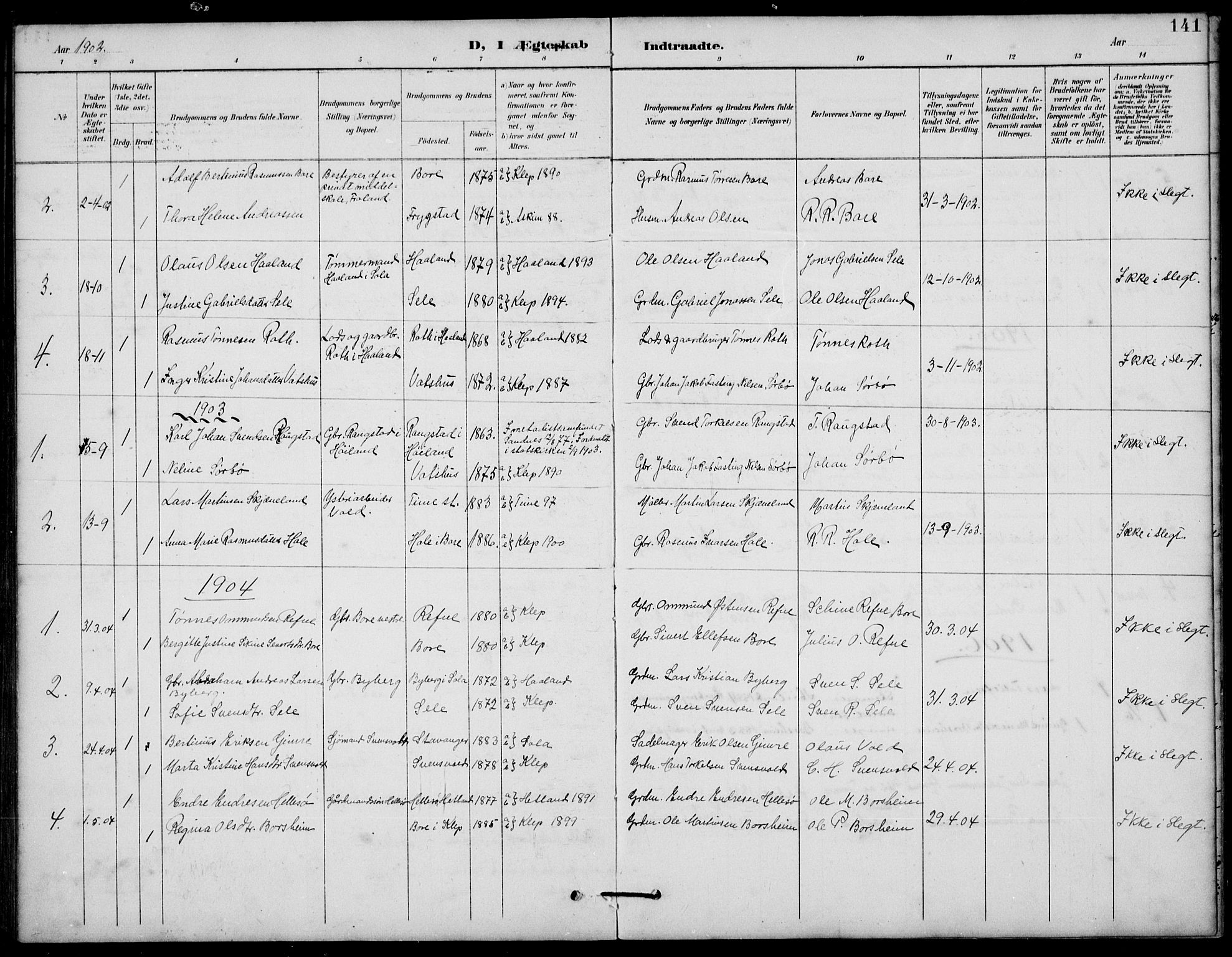Klepp sokneprestkontor, AV/SAST-A-101803/001/3/30BB/L0006: Parish register (copy) no. B 6, 1889-1936, p. 141
