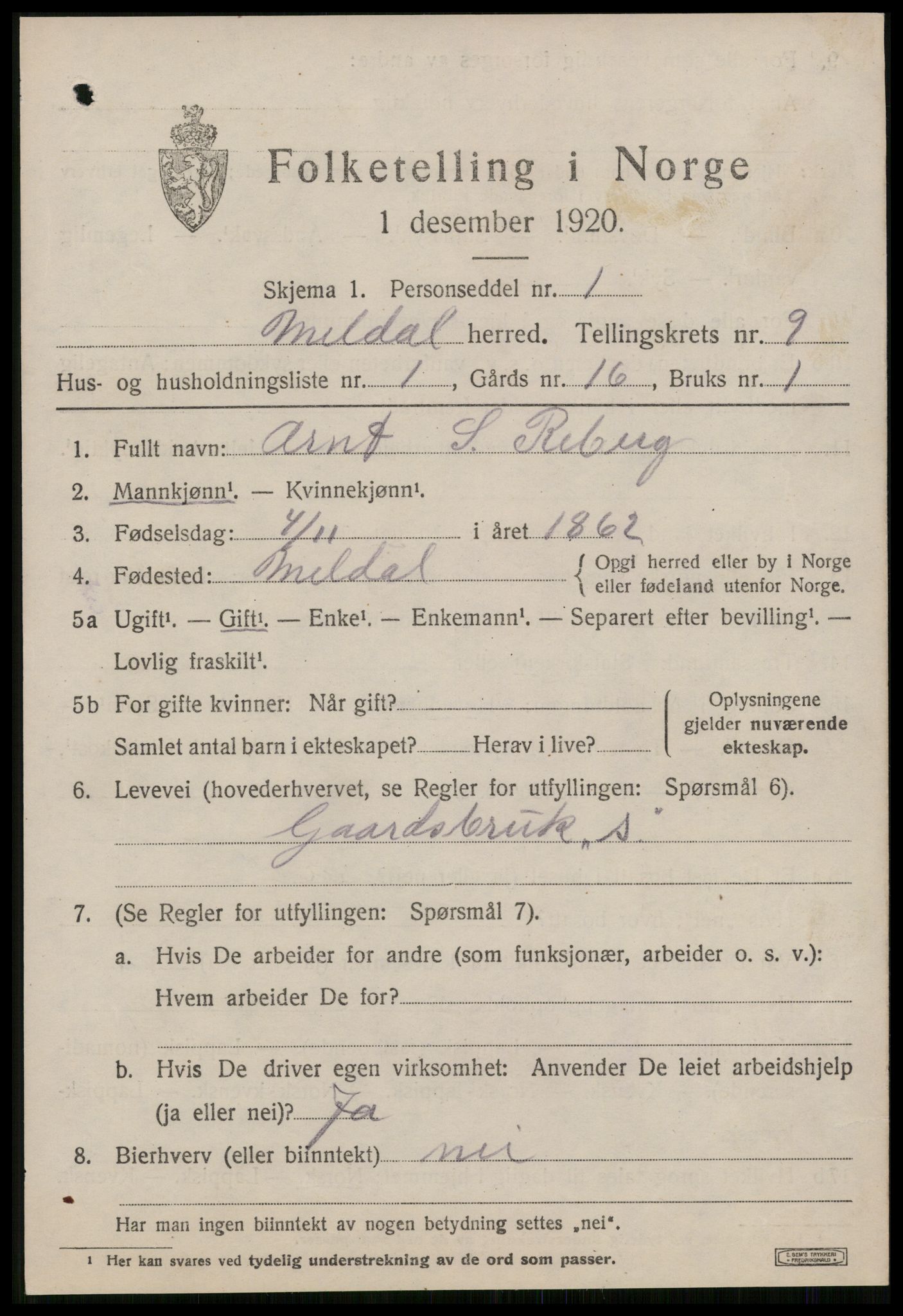 SAT, 1920 census for Meldal, 1920, p. 7499