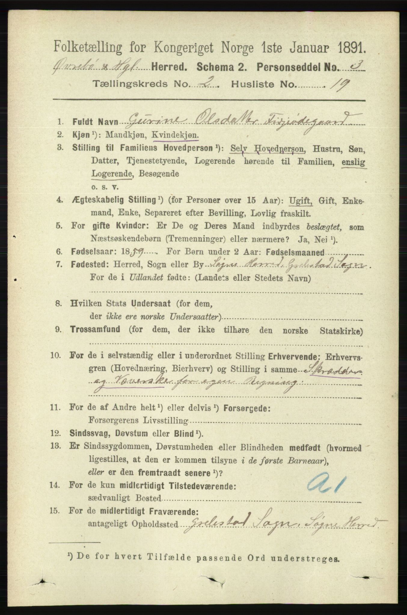 RA, 1891 census for 1016 Øvrebø og Hægeland, 1891, p. 422