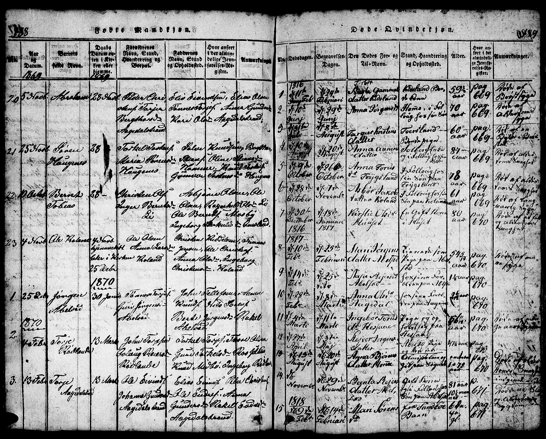 Bjelland sokneprestkontor, SAK/1111-0005/F/Fb/Fba/L0003: Parish register (copy) no. B 3, 1816-1870, p. 188-189