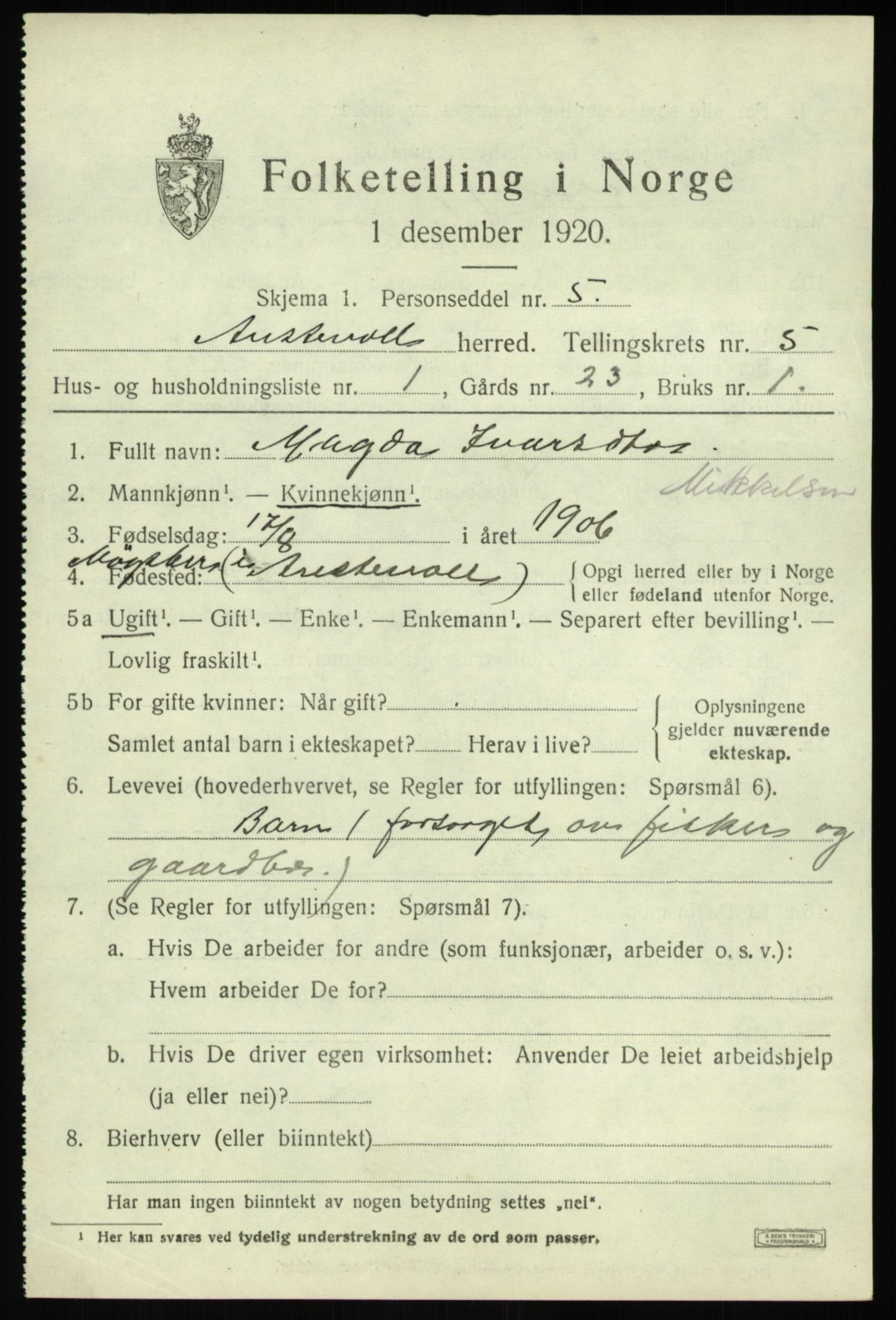 SAB, 1920 census for Austevoll, 1920, p. 2964