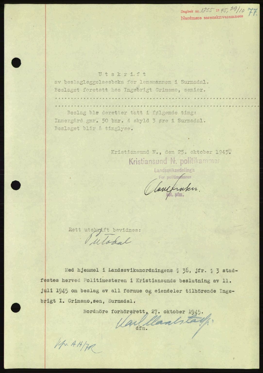 Nordmøre sorenskriveri, AV/SAT-A-4132/1/2/2Ca: Mortgage book no. B93a, 1945-1945, Diary no: : 1355/1945