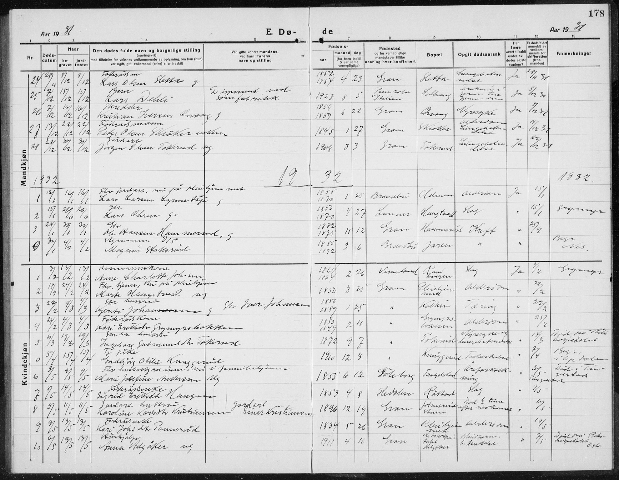 Gran prestekontor, AV/SAH-PREST-112/H/Ha/Hab/L0008: Parish register (copy) no. 8, 1917-1935, p. 178