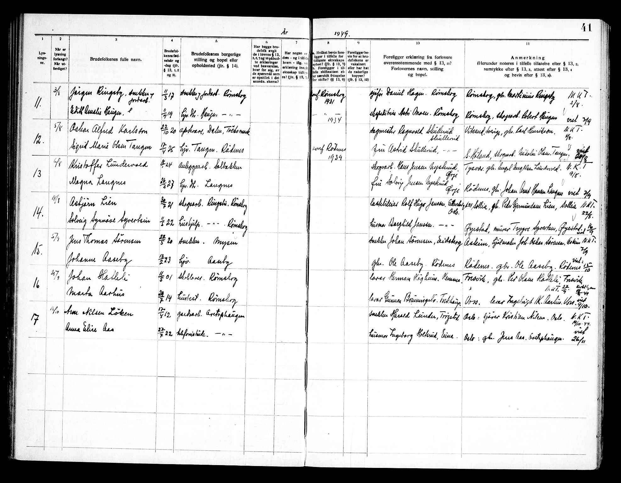 Rødenes prestekontor Kirkebøker, AV/SAO-A-2005/H/Ha/L0001: Banns register no. 1, 1919-1969, p. 41
