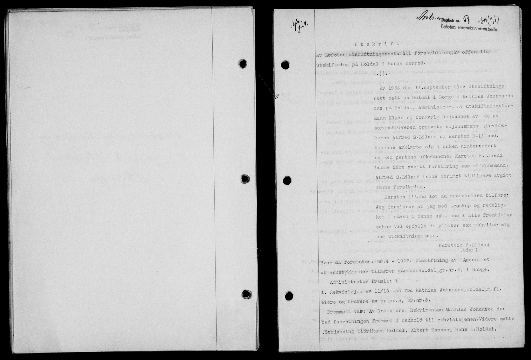 Lofoten sorenskriveri, SAT/A-0017/1/2/2C/L0005a: Mortgage book no. 5a, 1939-1939, Diary no: : 58/1939