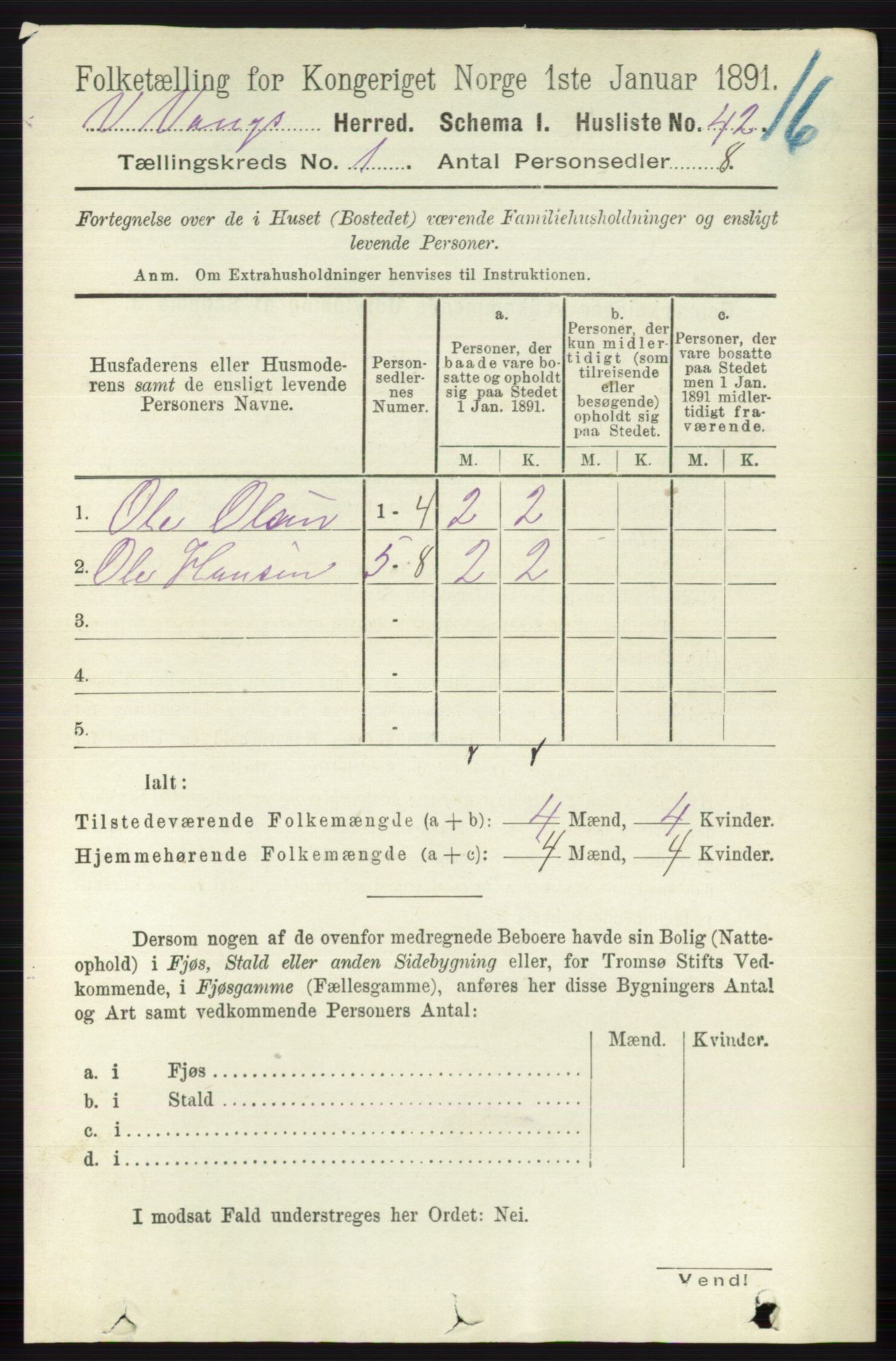 RA, 1891 census for 0545 Vang, 1891, p. 72