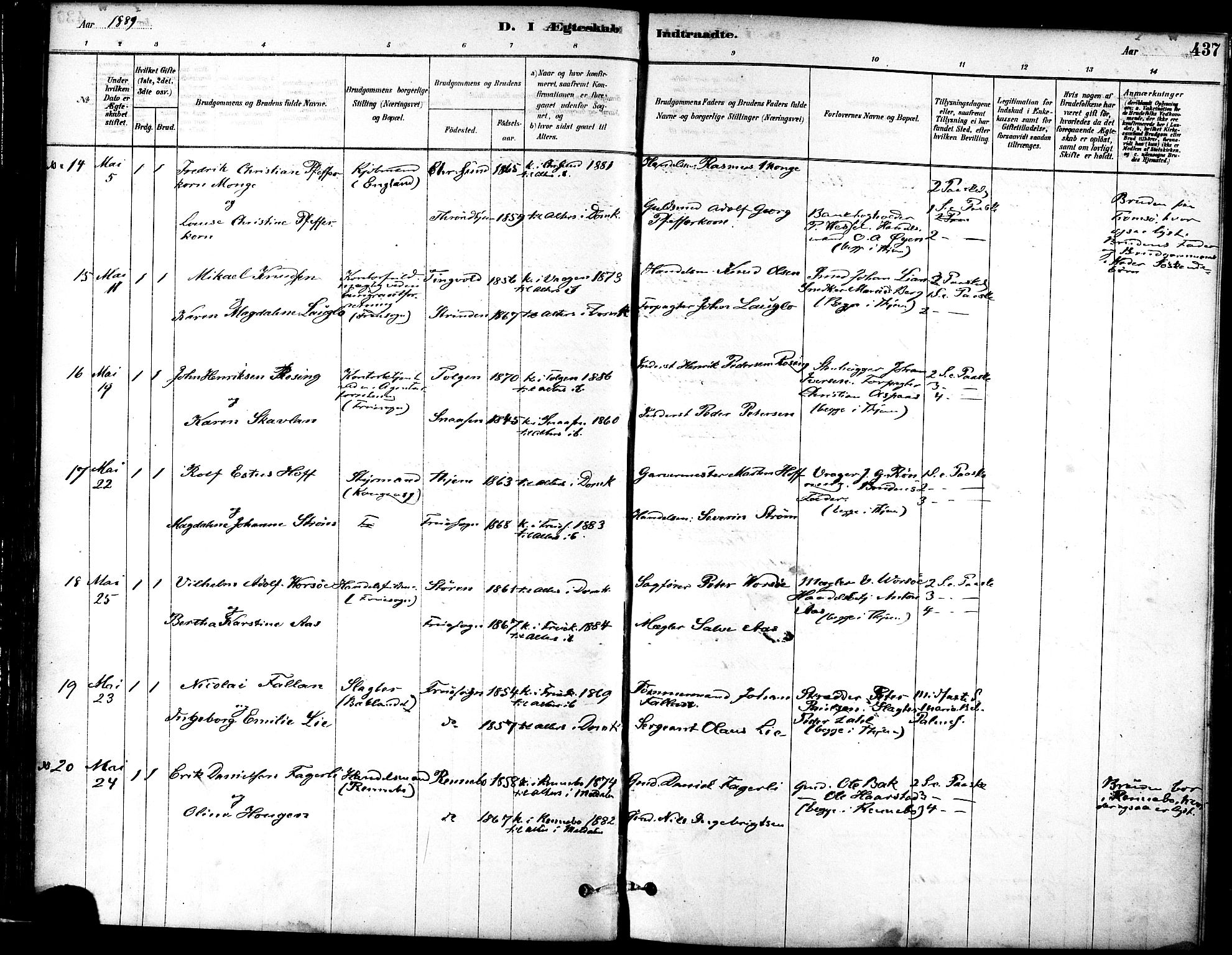 Ministerialprotokoller, klokkerbøker og fødselsregistre - Sør-Trøndelag, SAT/A-1456/601/L0058: Parish register (official) no. 601A26, 1877-1891, p. 437