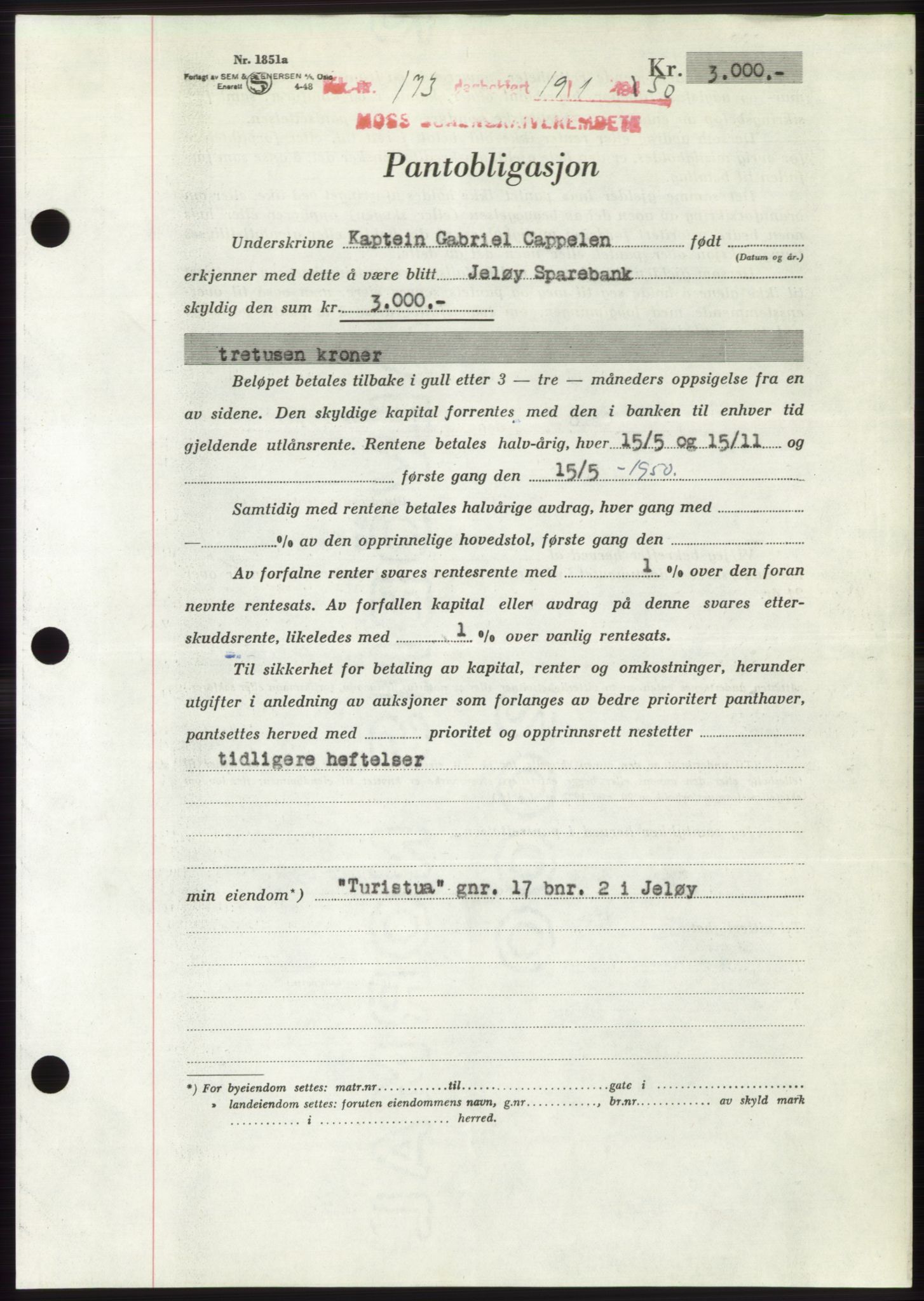 Moss sorenskriveri, SAO/A-10168: Mortgage book no. B23, 1949-1950, Diary no: : 173/1950