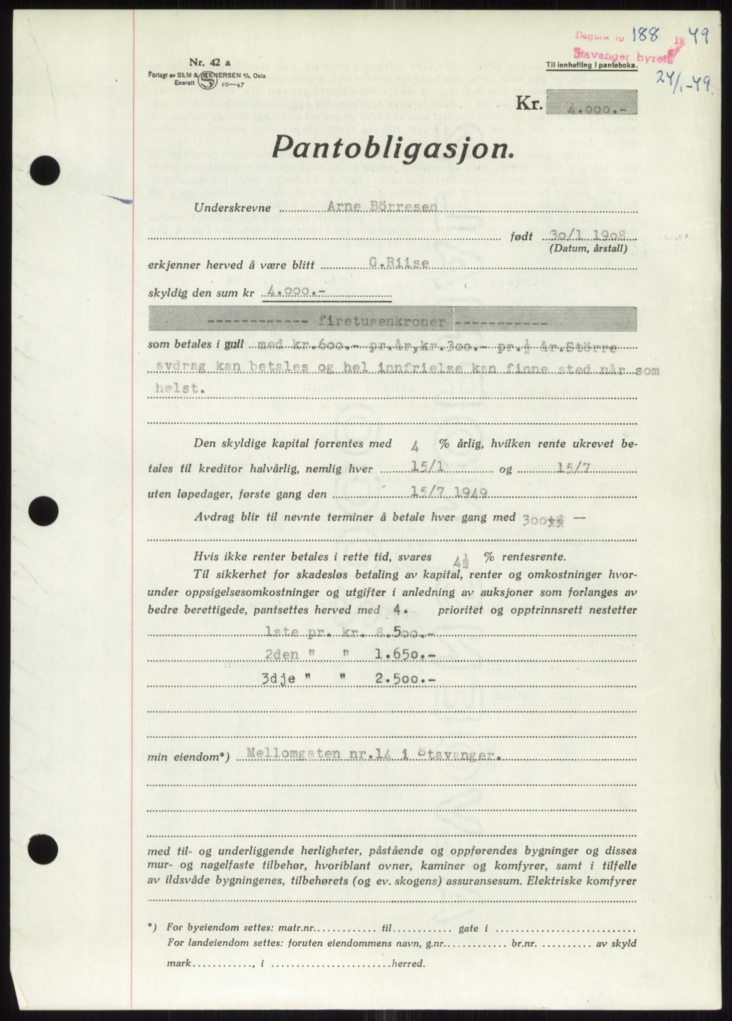 Stavanger byrett, SAST/A-100455/002/G/Gb/L0032: Mortgage book, 1947-1950, Diary no: : 188/1949