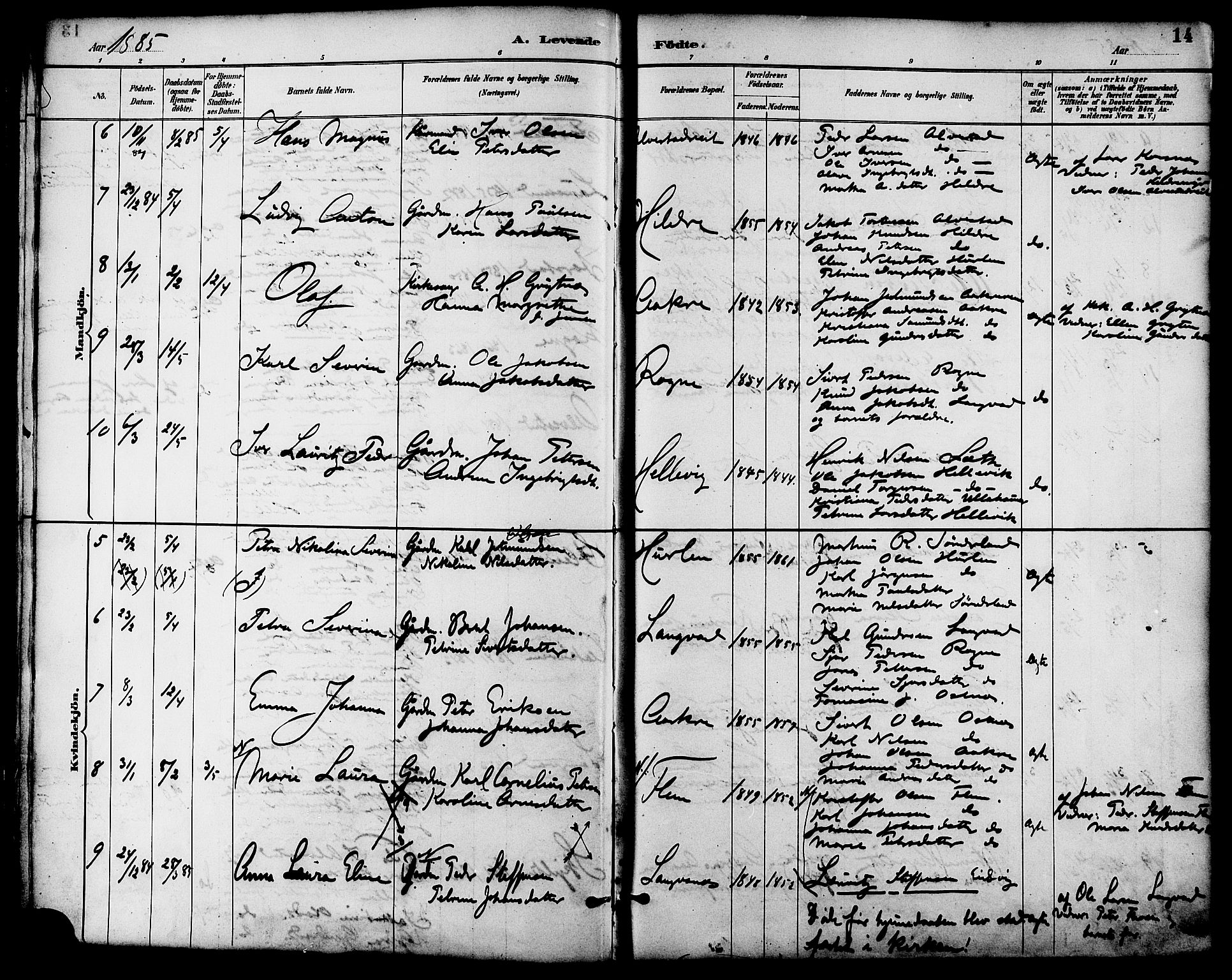 Ministerialprotokoller, klokkerbøker og fødselsregistre - Møre og Romsdal, AV/SAT-A-1454/536/L0501: Parish register (official) no. 536A10, 1884-1896, p. 14