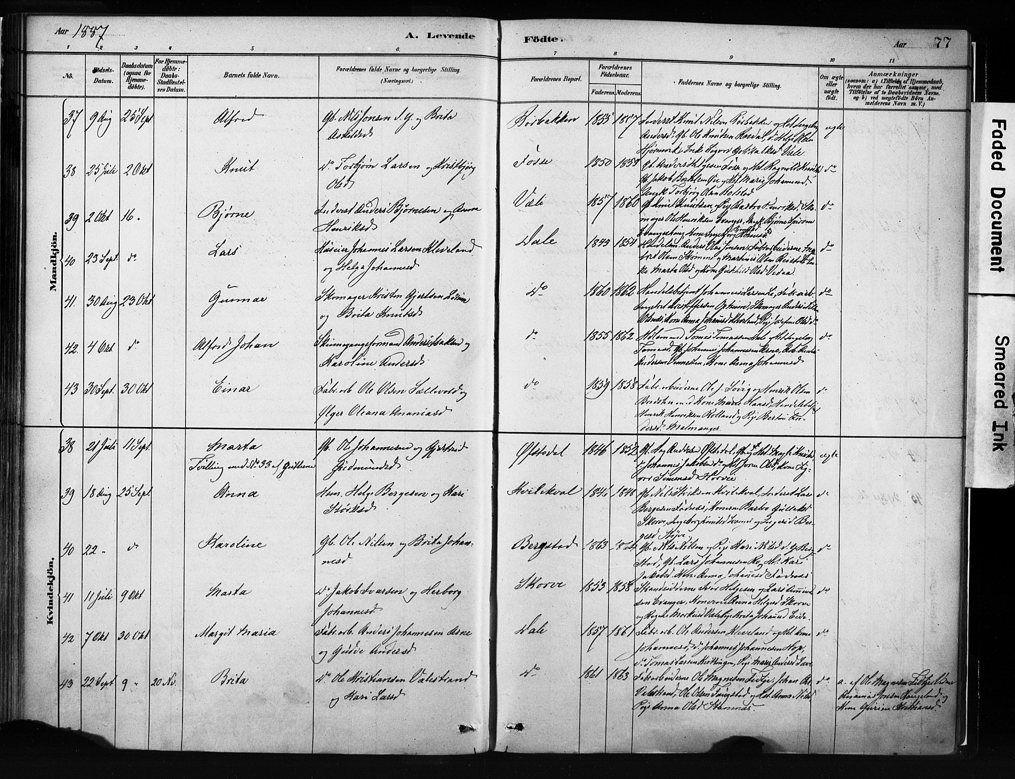 Evanger sokneprestembete, AV/SAB-A-99924: Parish register (official) no. A 1, 1877-1899, p. 77