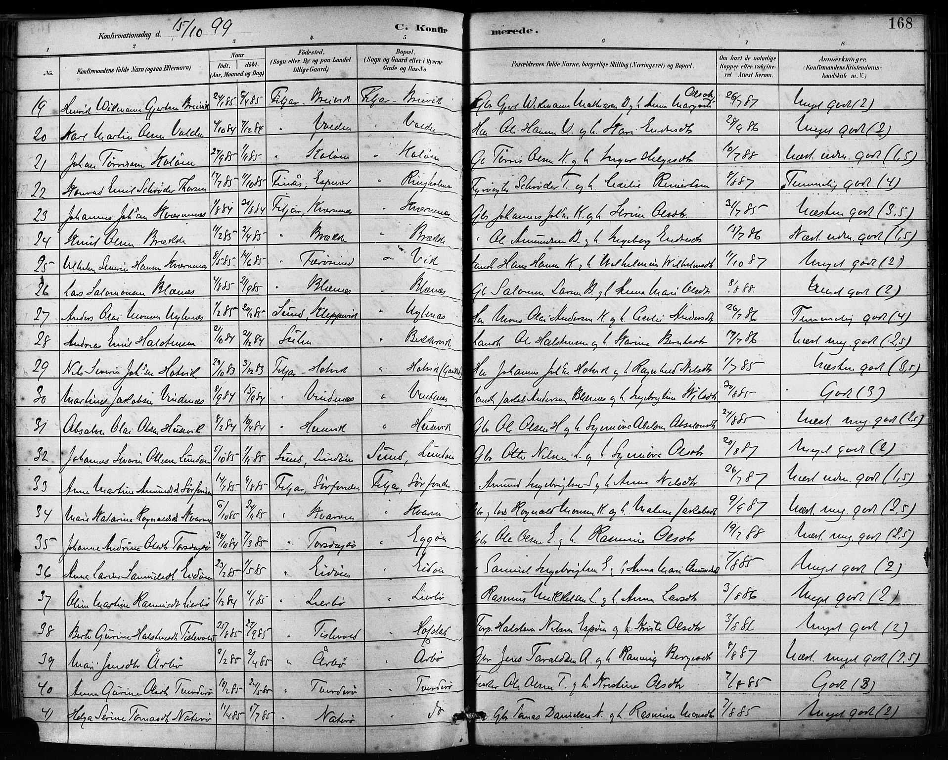 Fitjar sokneprestembete, AV/SAB-A-99926: Parish register (official) no. A 2, 1882-1899, p. 168