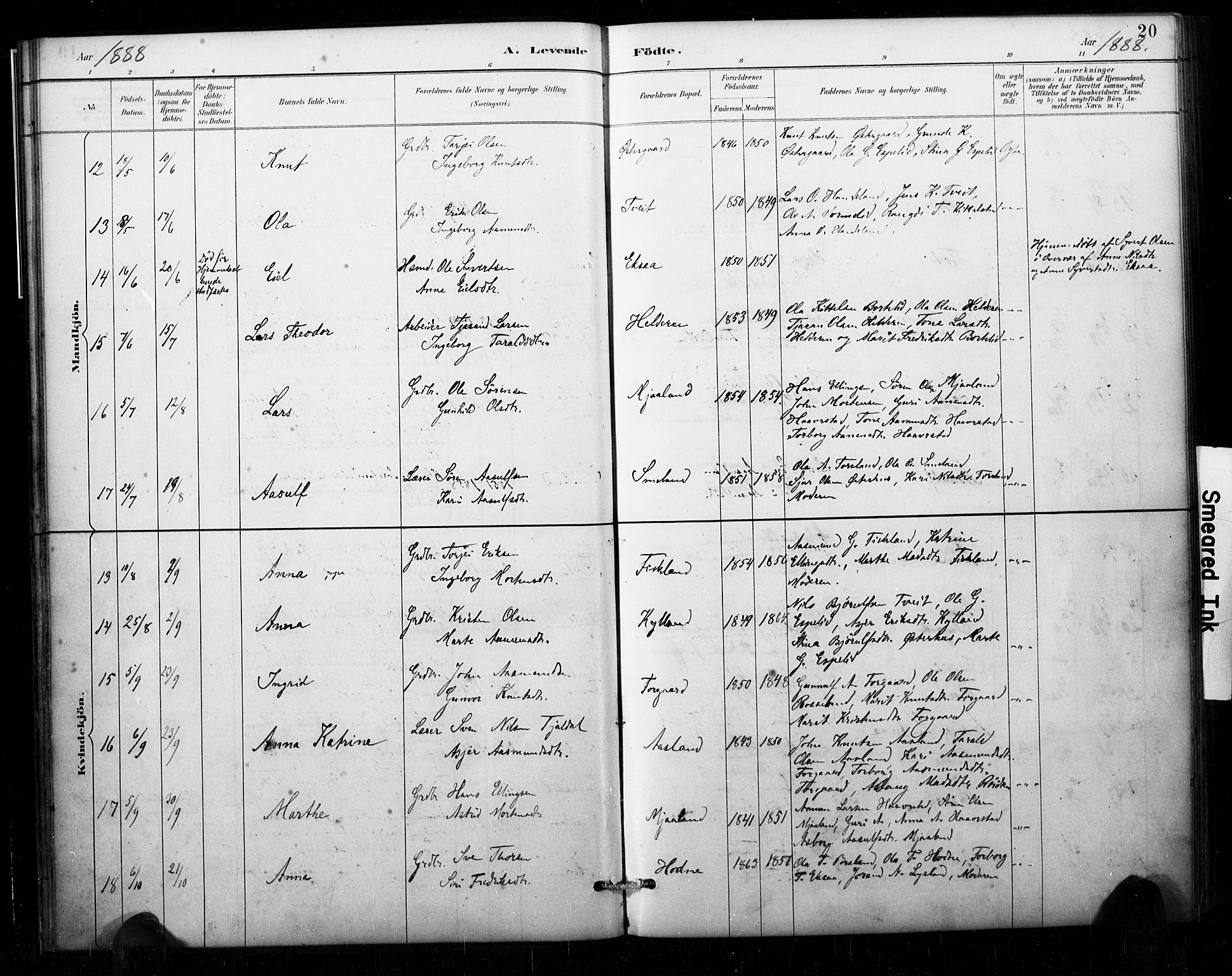 Åseral sokneprestkontor, SAK/1111-0051/F/Fa/L0003: Parish register (official) no. A 3, 1884-1901, p. 20