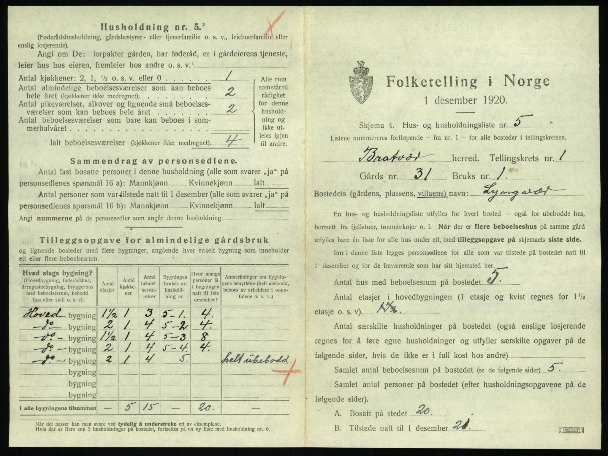 SAT, 1920 census for Brattvær, 1920, p. 38