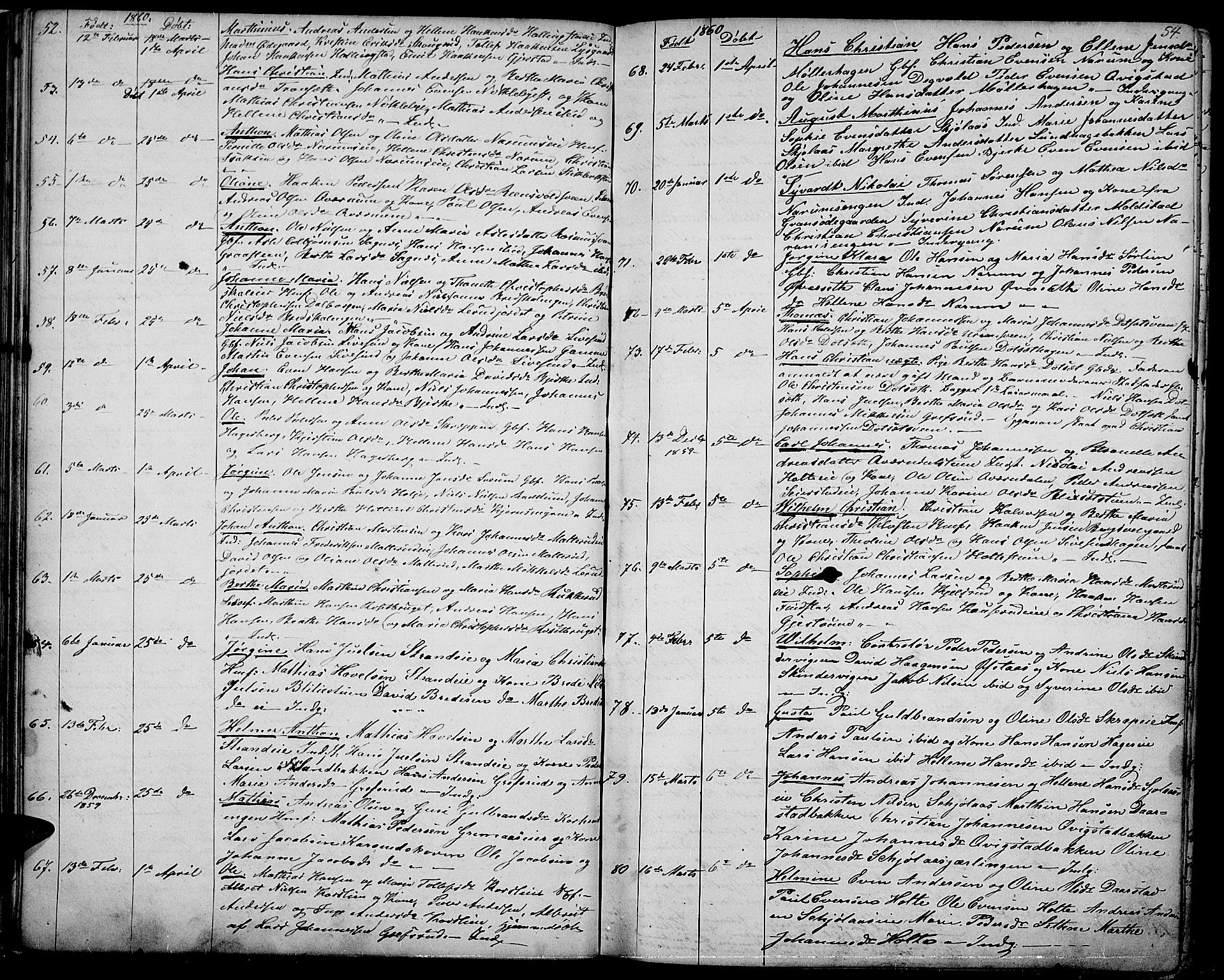 Vestre Toten prestekontor, SAH/PREST-108/H/Ha/Hab/L0005: Parish register (copy) no. 5, 1854-1870, p. 54