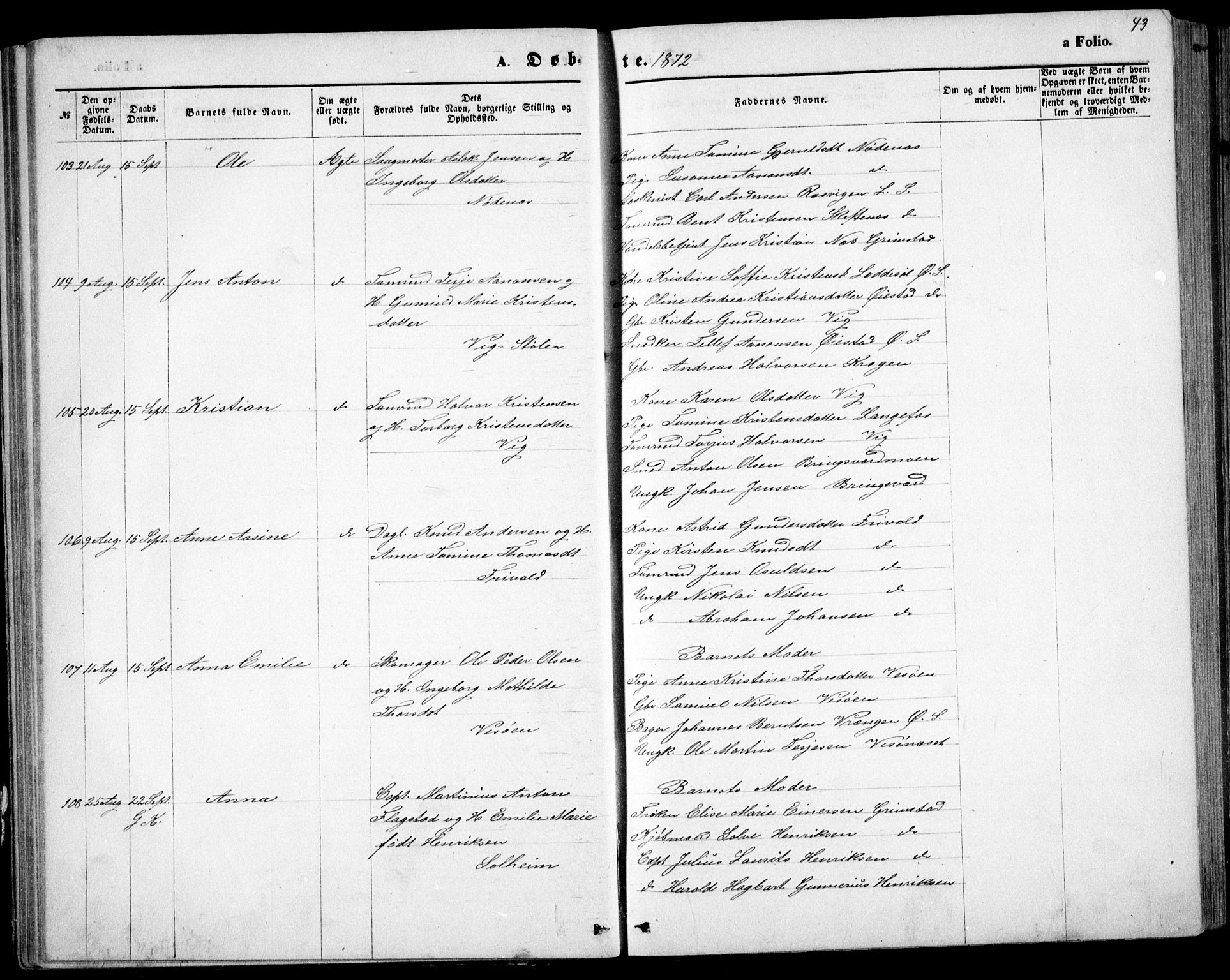 Fjære sokneprestkontor, AV/SAK-1111-0011/F/Fb/L0010: Parish register (copy) no. B 10, 1871-1880, p. 43