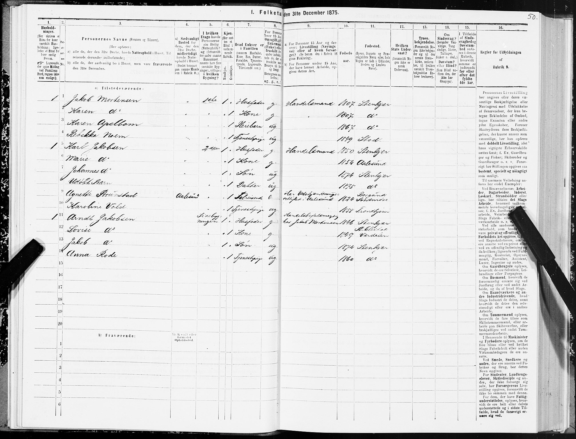 SAT, 1875 census for 1702B Steinkjer/Steinkjer, 1875, p. 50