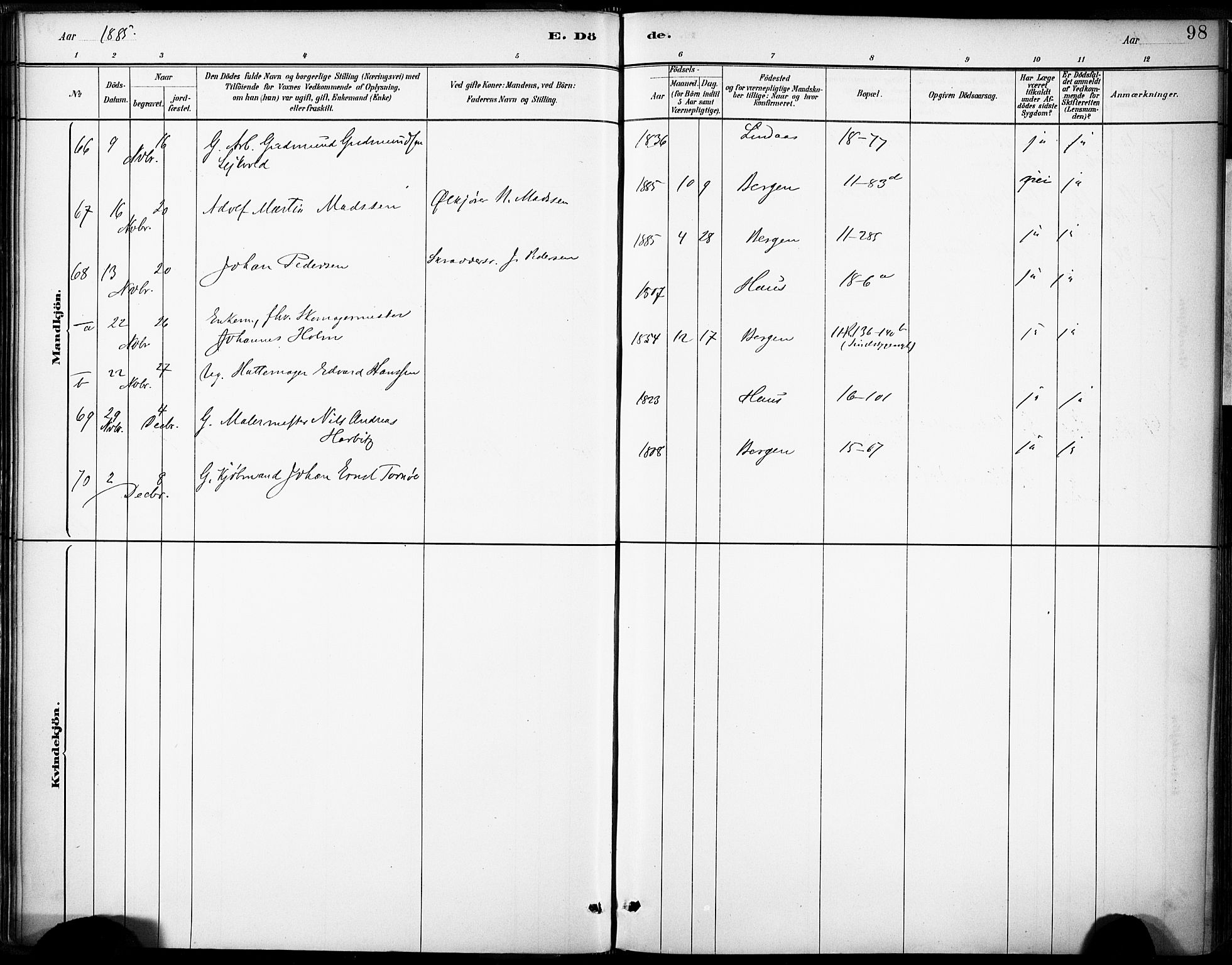 Domkirken sokneprestembete, AV/SAB-A-74801/H/Haa/L0043: Parish register (official) no. E 5, 1882-1904, p. 98