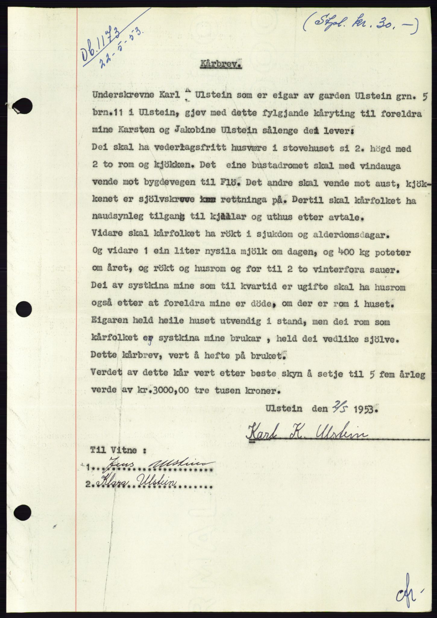 Søre Sunnmøre sorenskriveri, AV/SAT-A-4122/1/2/2C/L0095: Mortgage book no. 21A, 1953-1953, Diary no: : 1173/1953