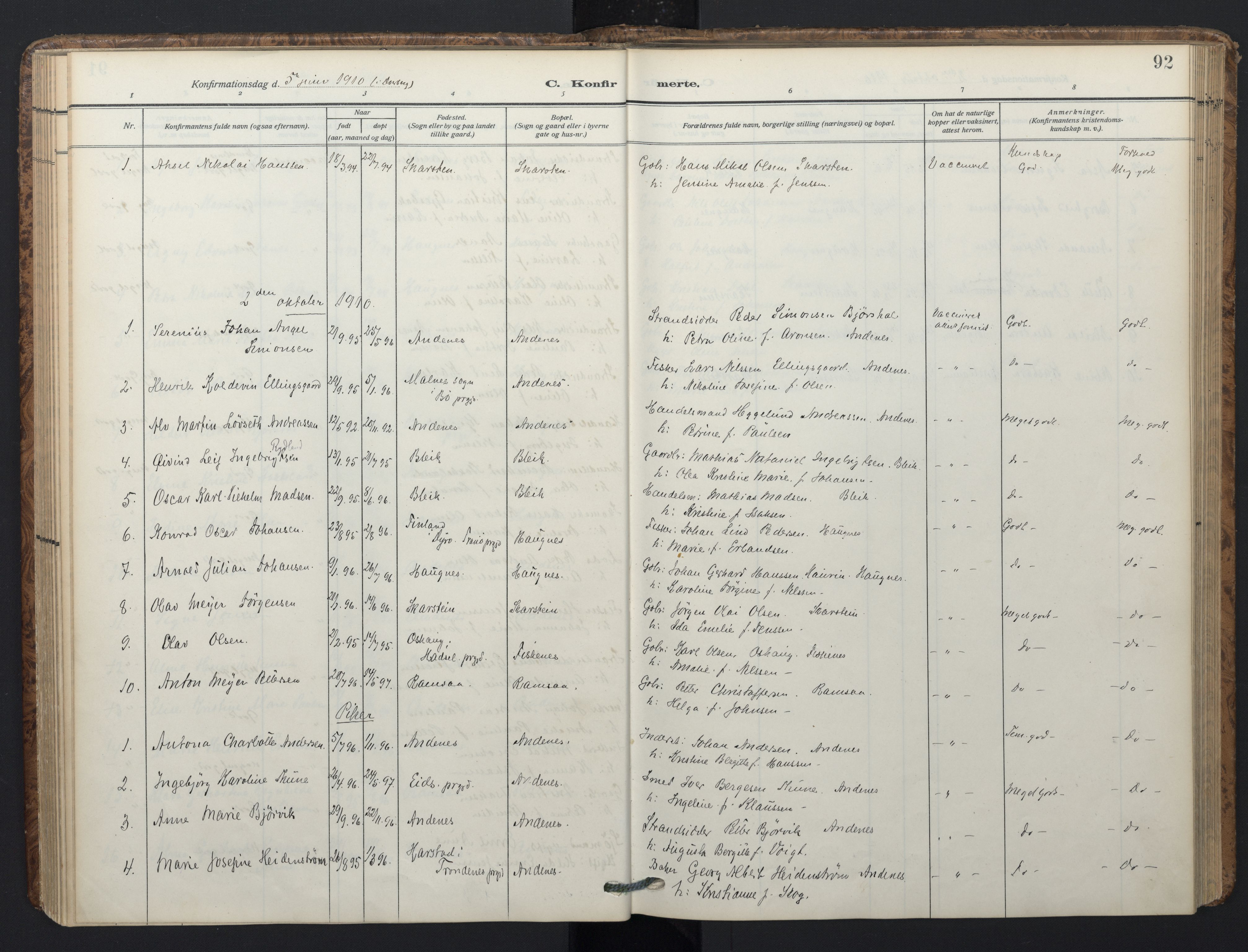 Ministerialprotokoller, klokkerbøker og fødselsregistre - Nordland, SAT/A-1459/899/L1438: Parish register (official) no. 899A06, 1909-1922, p. 92
