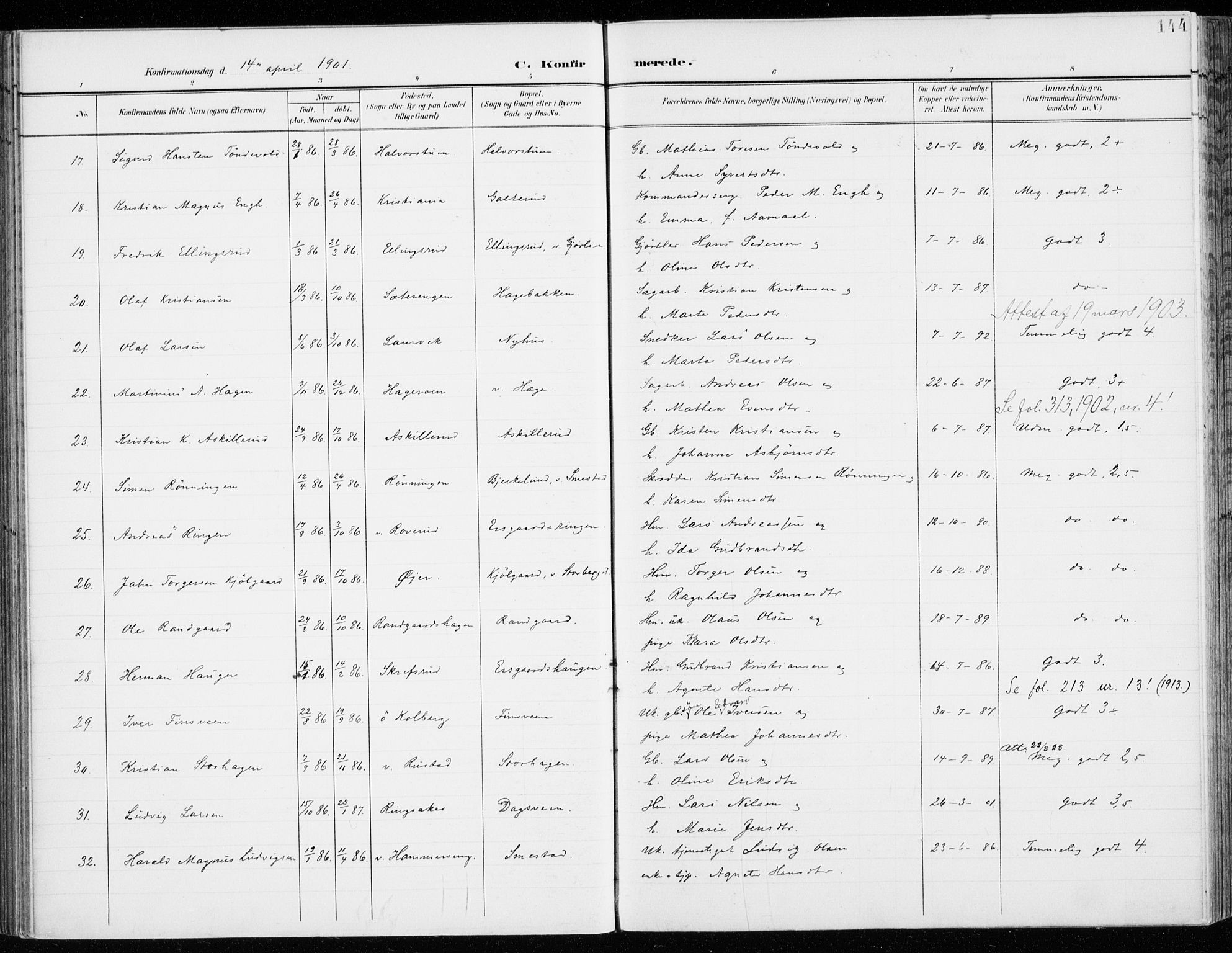 Fåberg prestekontor, AV/SAH-PREST-086/H/Ha/Haa/L0011: Parish register (official) no. 11, 1899-1913, p. 144