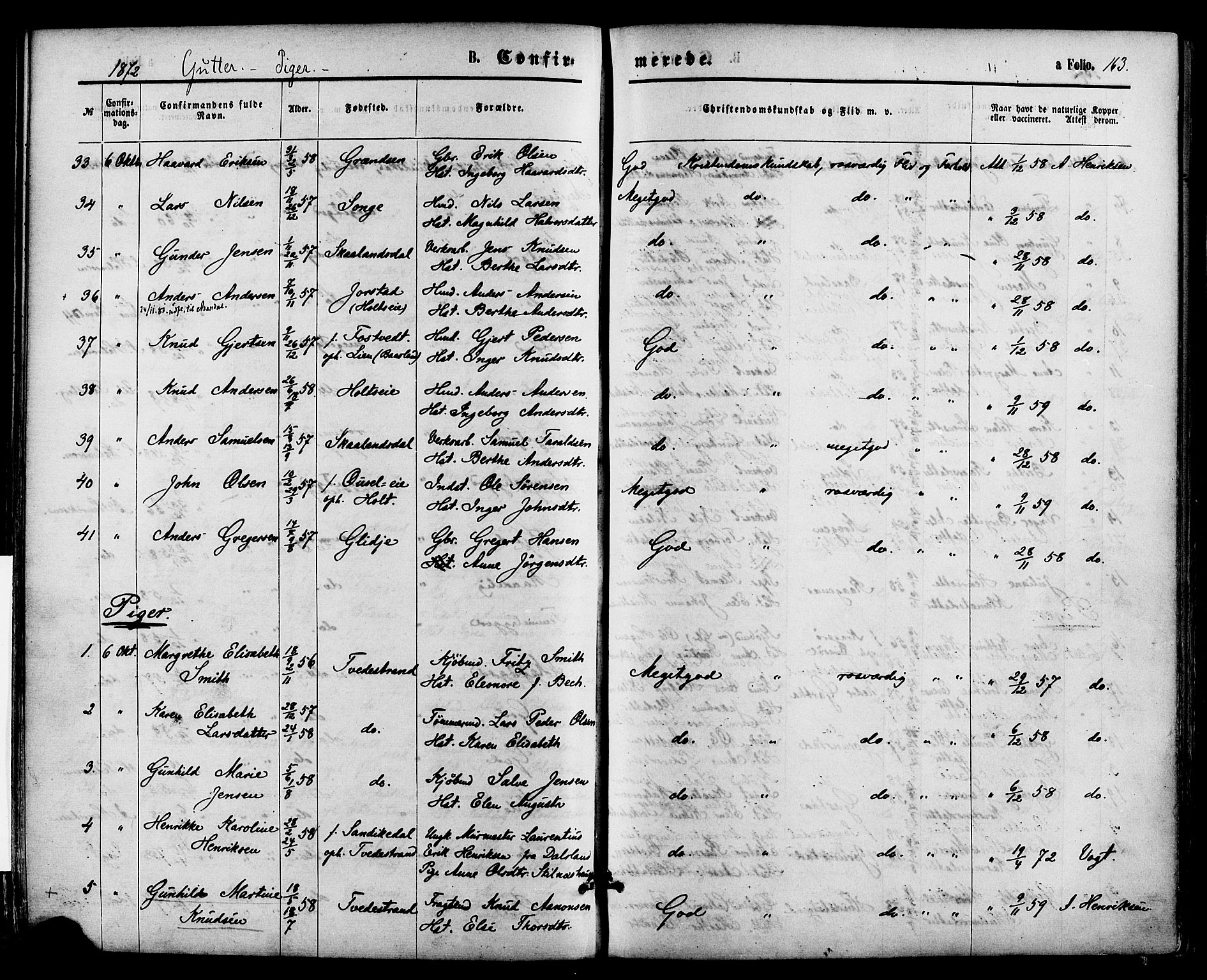 Holt sokneprestkontor, AV/SAK-1111-0021/F/Fa/L0010: Parish register (official) no. A 10, 1872-1885, p. 163