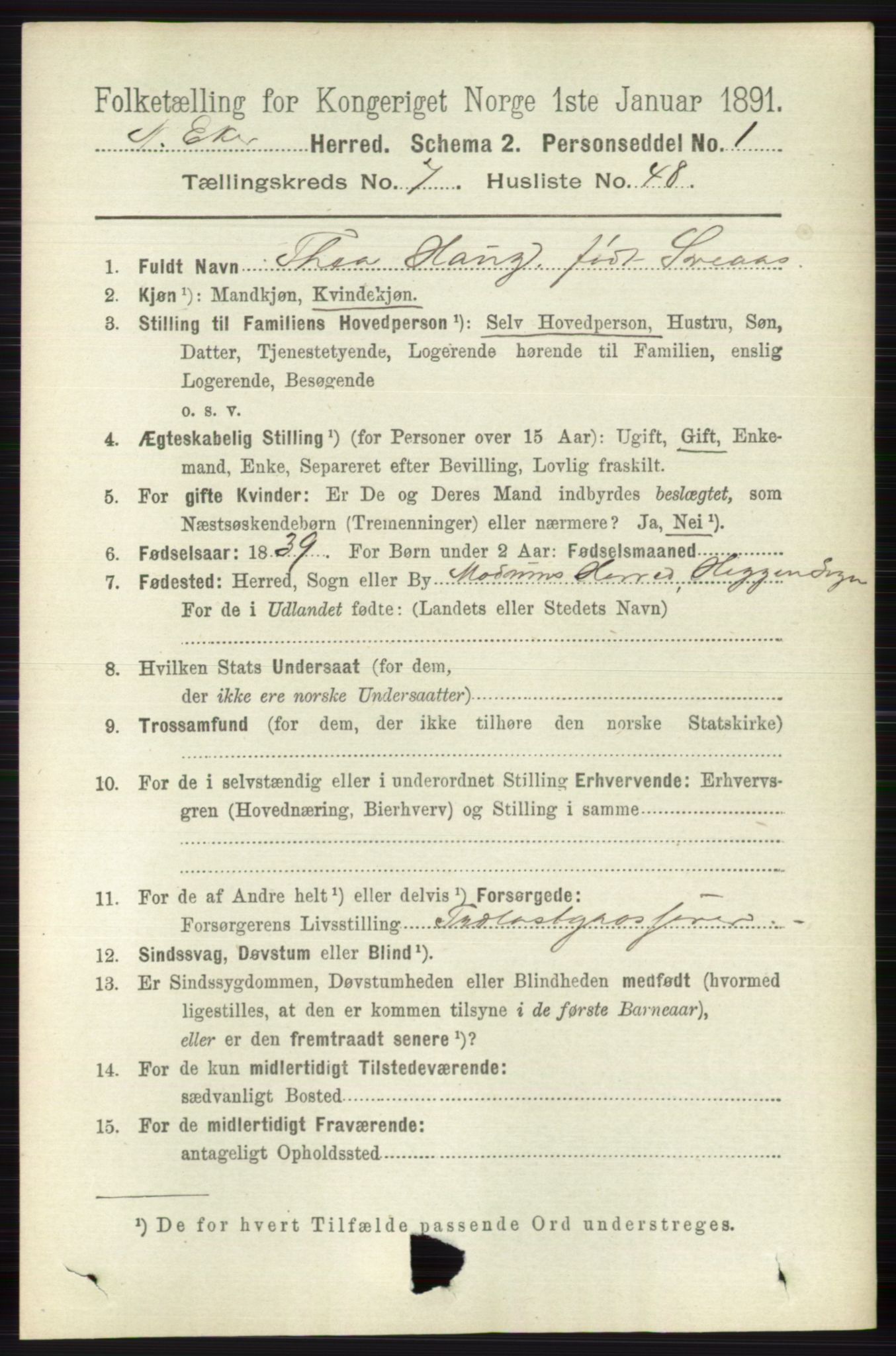 RA, 1891 census for 0625 Nedre Eiker, 1891, p. 3752