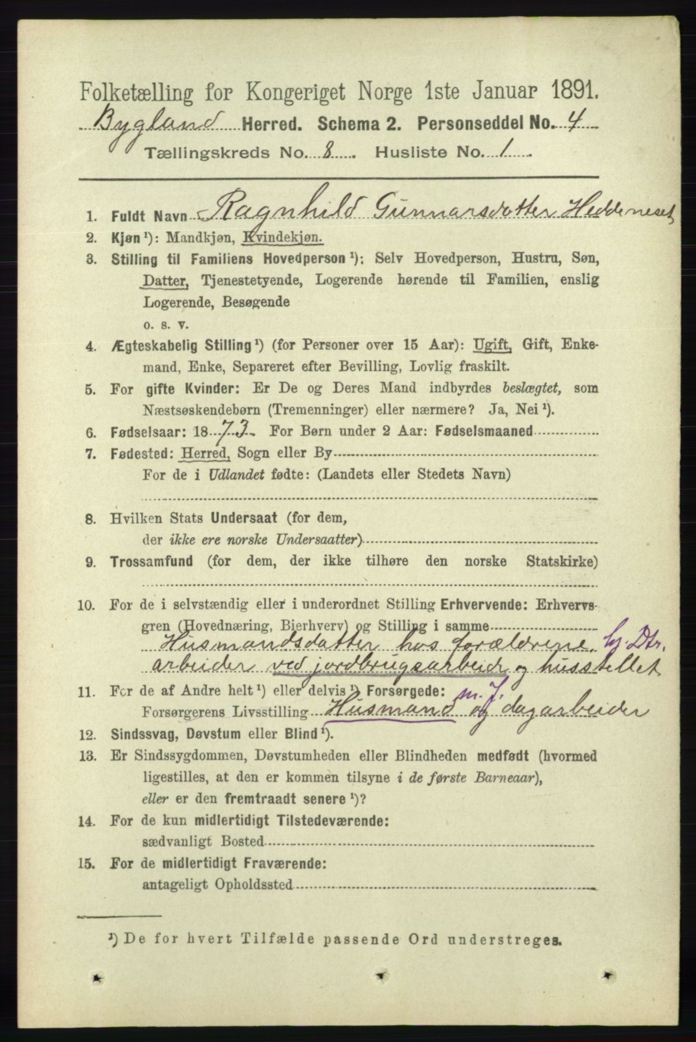 RA, 1891 census for 0938 Bygland, 1891, p. 1918