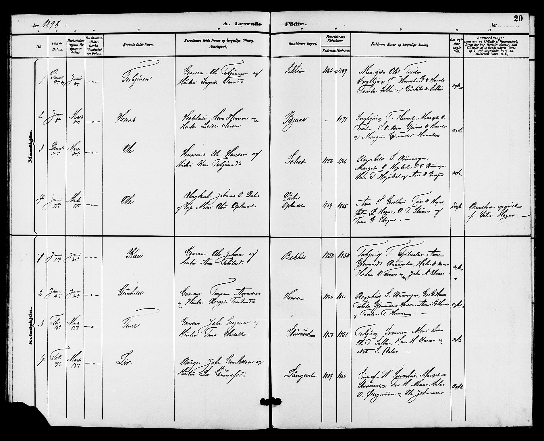 Hjartdal kirkebøker, SAKO/A-270/G/Gc/L0003: Parish register (copy) no. III 3, 1890-1907, p. 20