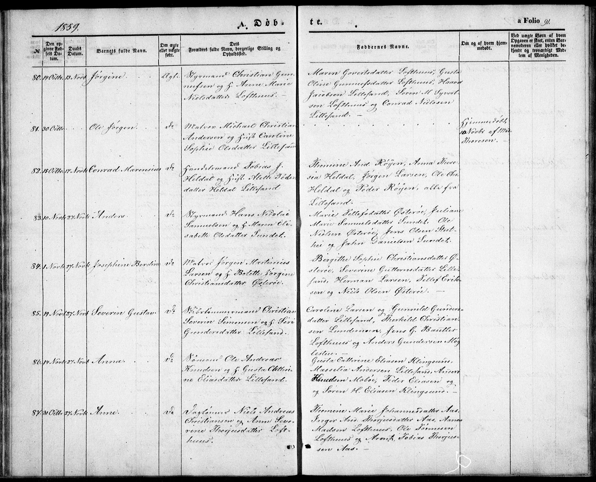 Vestre Moland sokneprestkontor, AV/SAK-1111-0046/F/Fb/Fbb/L0003: Parish register (copy) no. B 3, 1851-1861, p. 91