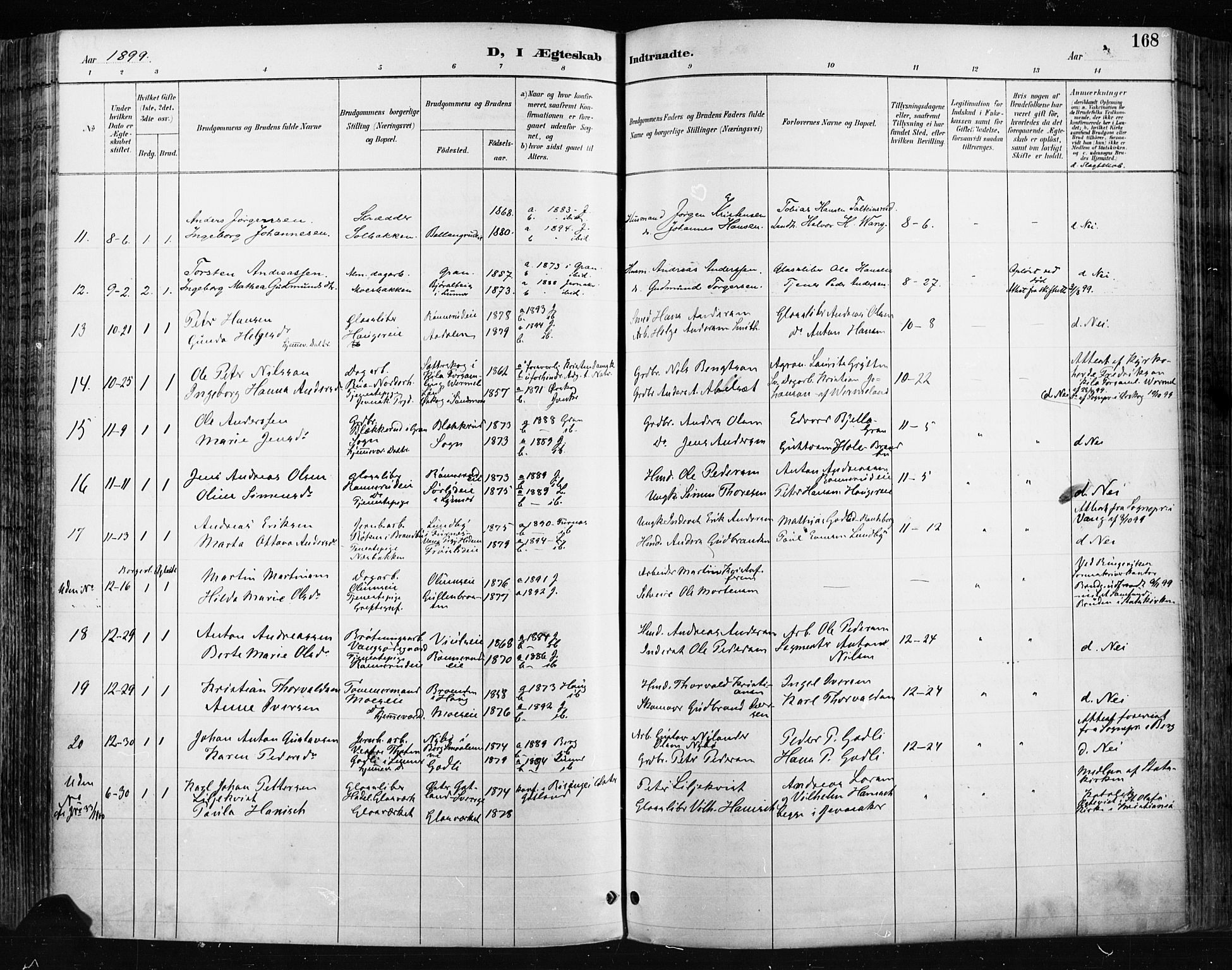 Jevnaker prestekontor, SAH/PREST-116/H/Ha/Haa/L0009: Parish register (official) no. 9, 1891-1901, p. 168