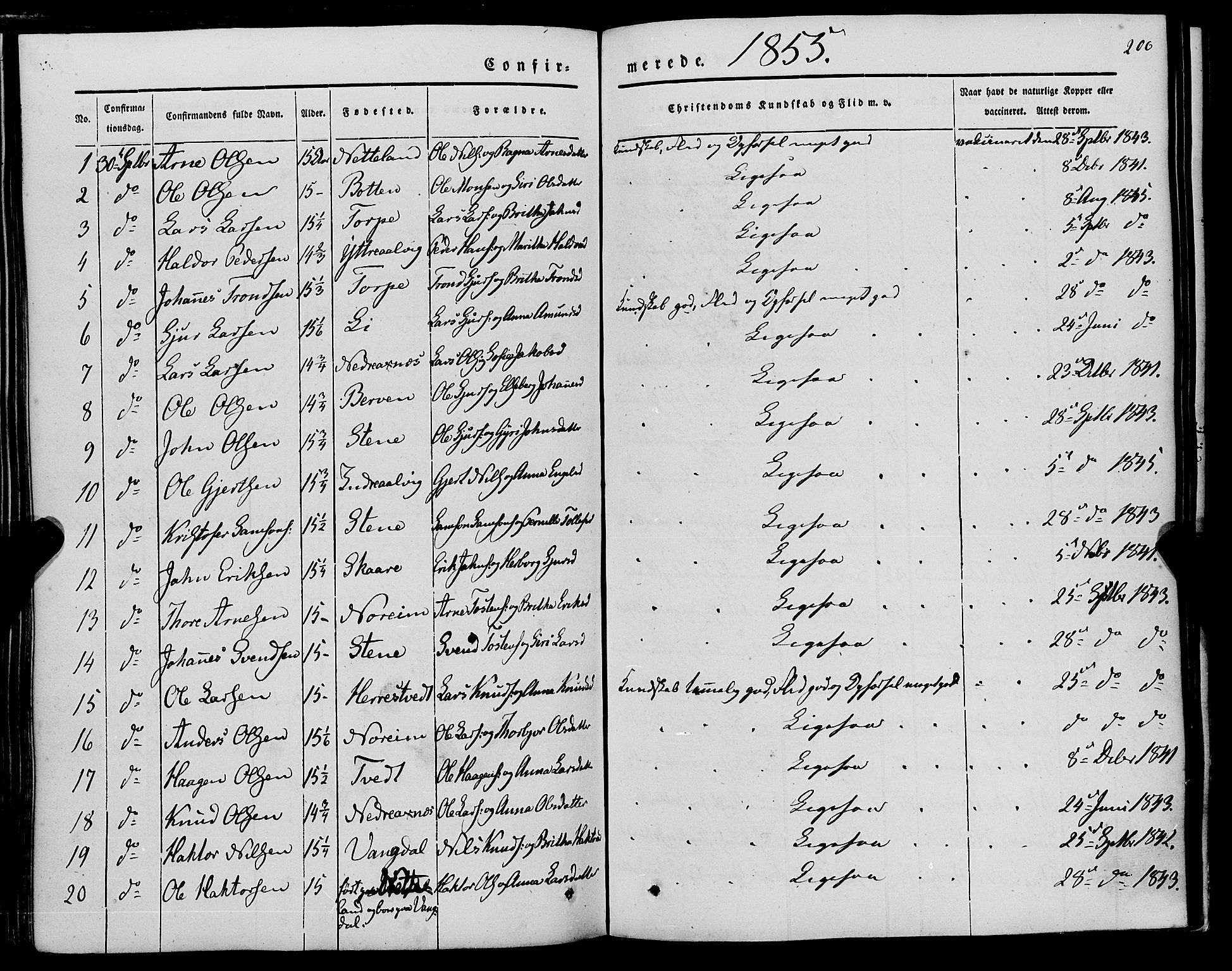 Kvam sokneprestembete, AV/SAB-A-76201/H/Haa: Parish register (official) no. A 8, 1844-1863, p. 206