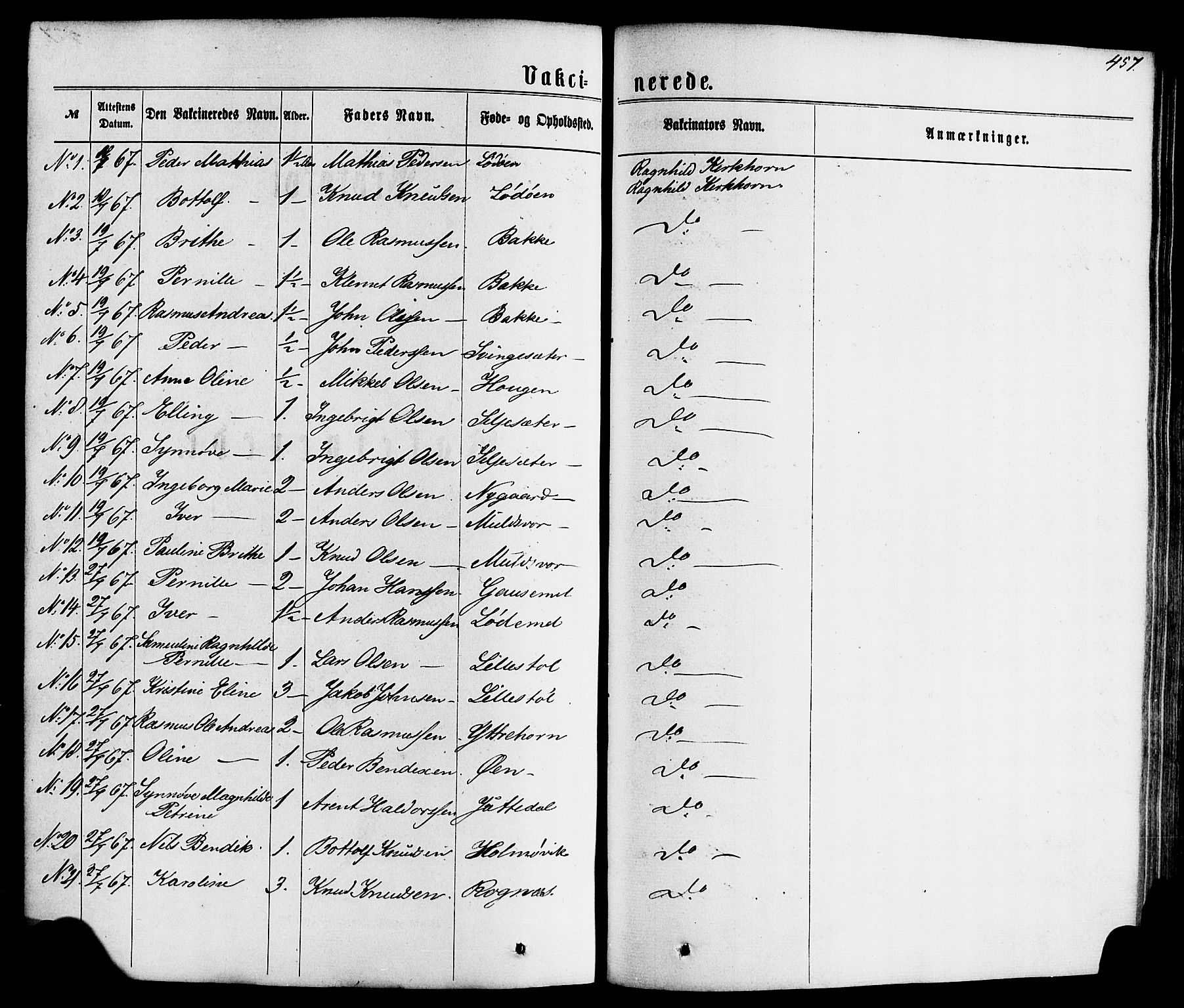Hornindal sokneprestembete, SAB/A-82401/H/Haa/Haaa/L0002: Parish register (official) no. A 2, 1867-1884, p. 457