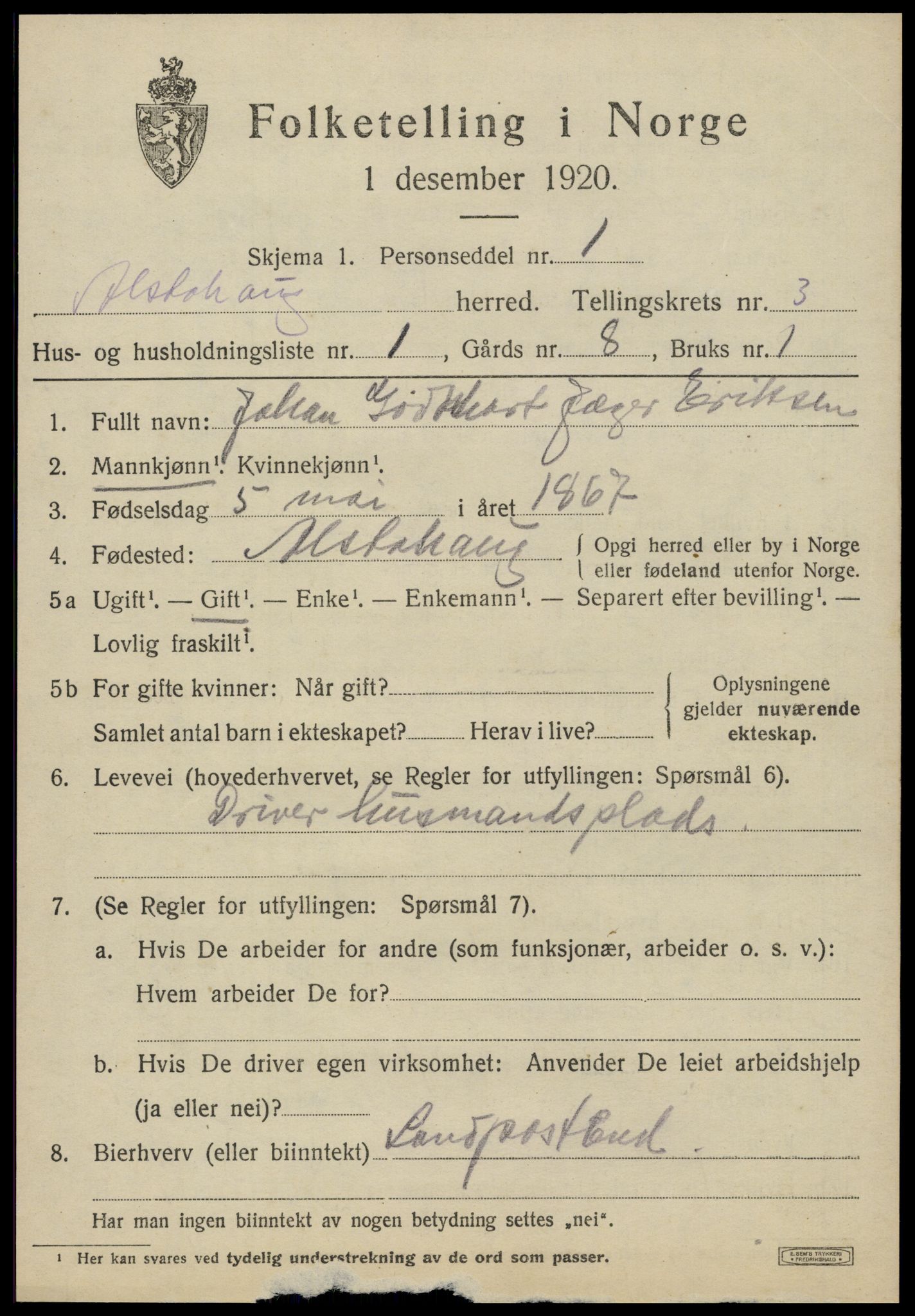 SAT, 1920 census for Alstahaug, 1920, p. 1241