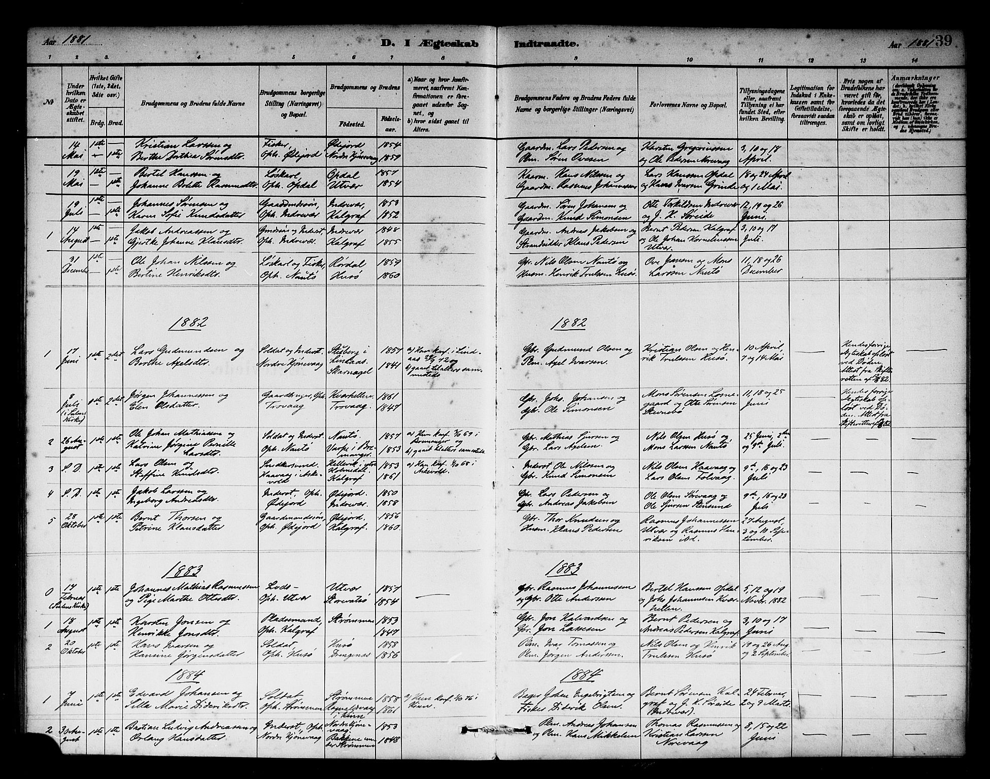 Solund sokneprestembete, SAB/A-81401: Parish register (official) no. C 1, 1881-1896, p. 39