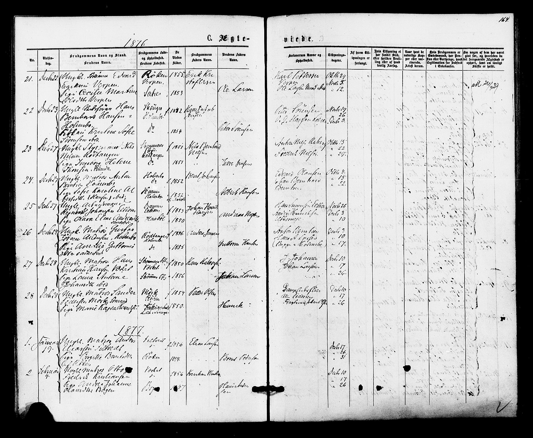 Hurum kirkebøker, SAKO/A-229/F/Fa/L0013: Parish register (official) no. 13, 1876-1881, p. 164